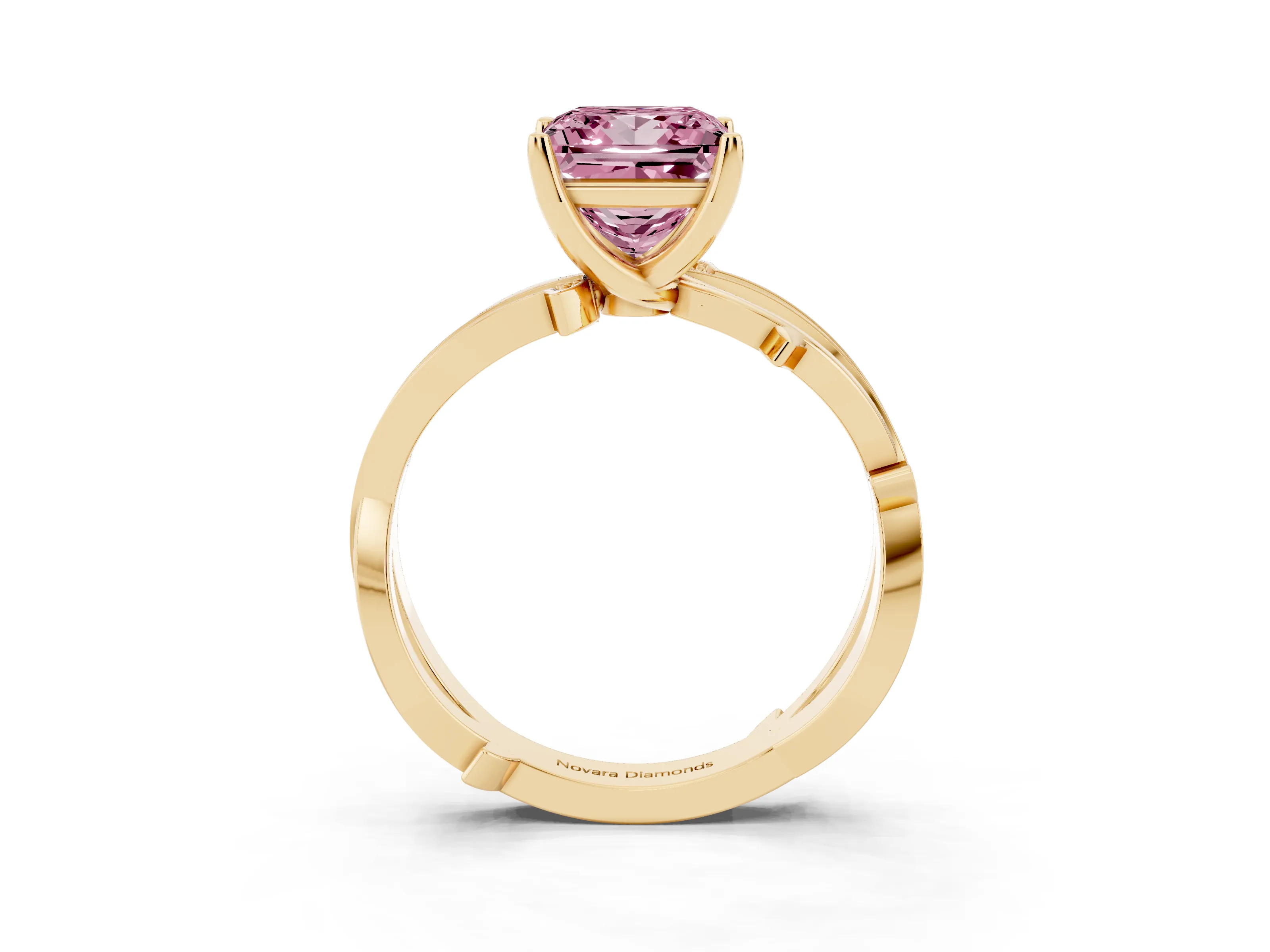 Fancy Pink Princess Cut Diamond Pavé Twist Band Solitaire Ring Set in Yellow gold with Prong Setting