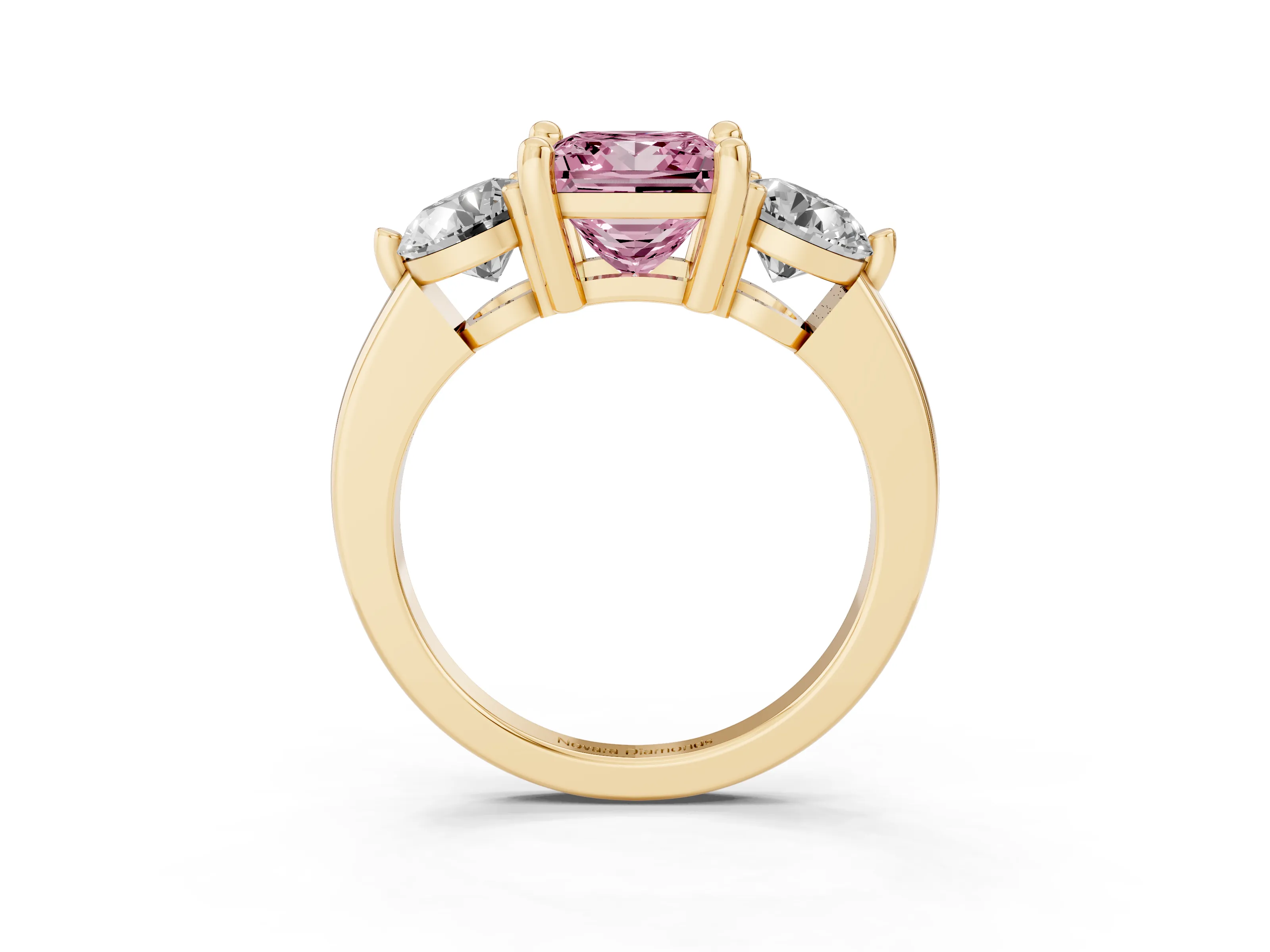 Fancy Pink Princess Cut Diamond Three-Stone Ring Set in Yellow gold with Prong Setting and Classic Band