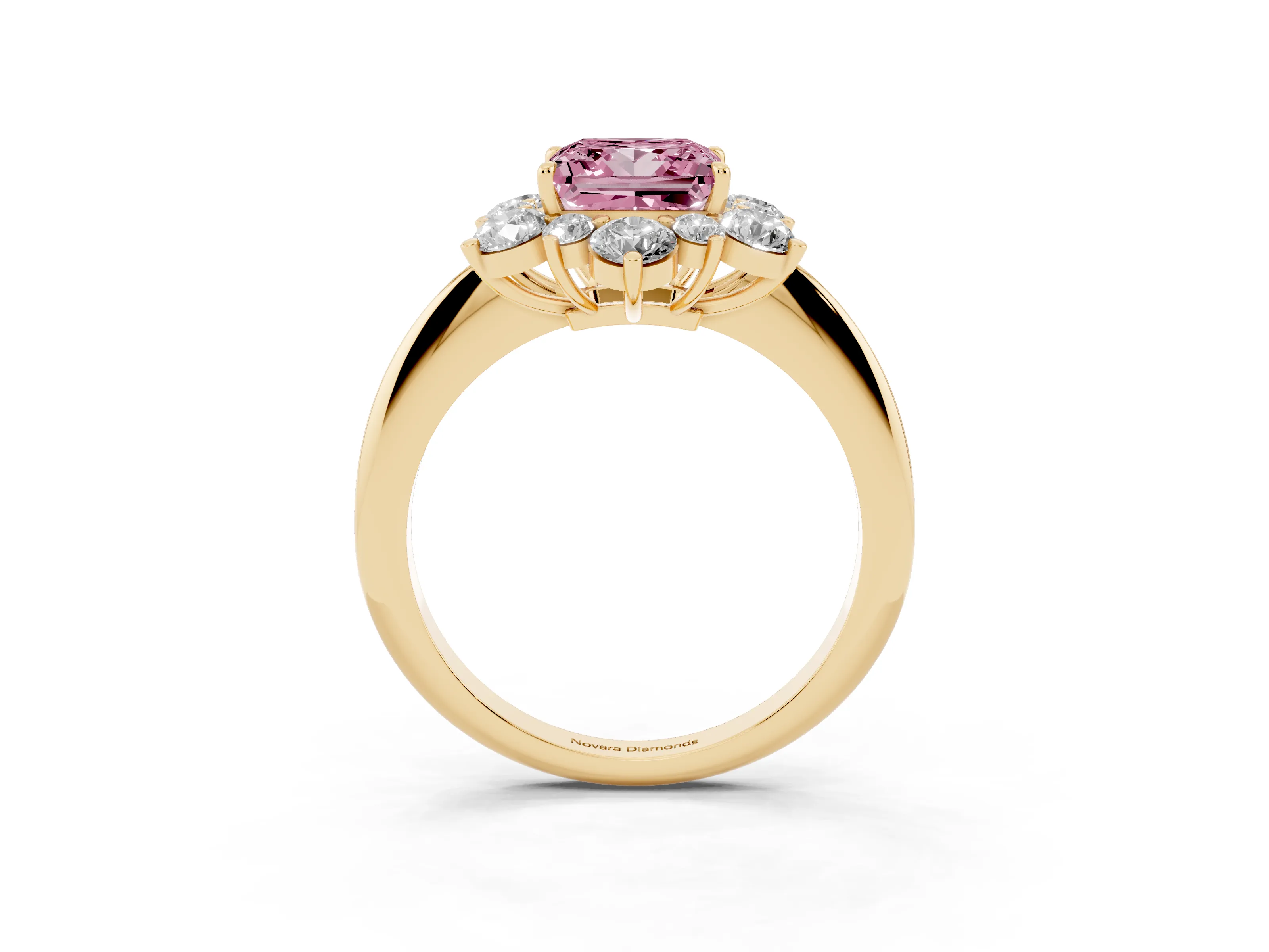 Fancy Pink Princess Cut Diamond Cluster Halo Ring Set in Yellow gold with Solitaire Band and Prong Setting