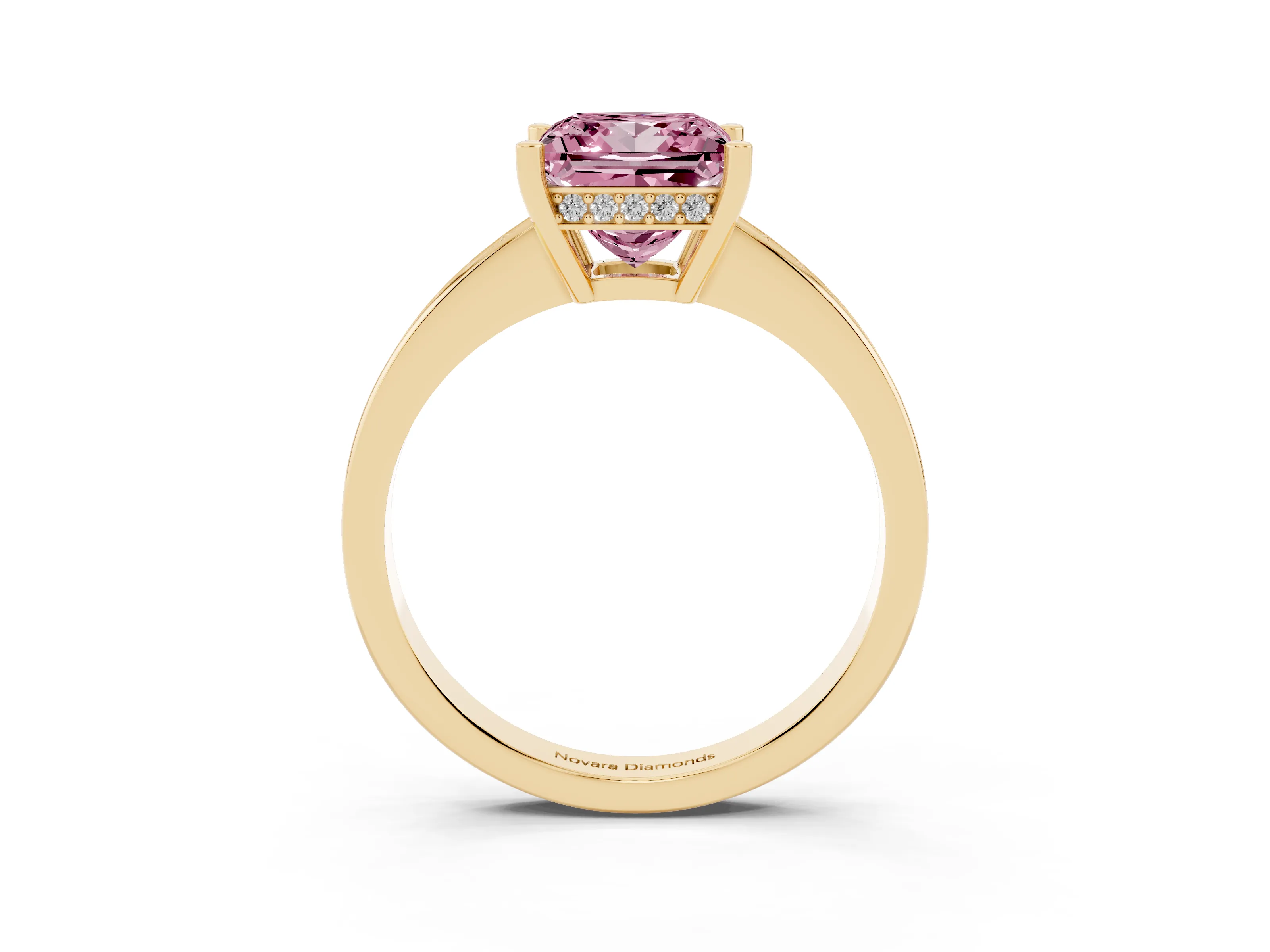 Fancy Pink Princess Cut Diamond Pavé Band Prong Set Solitaire Ring Set in Yellow gold