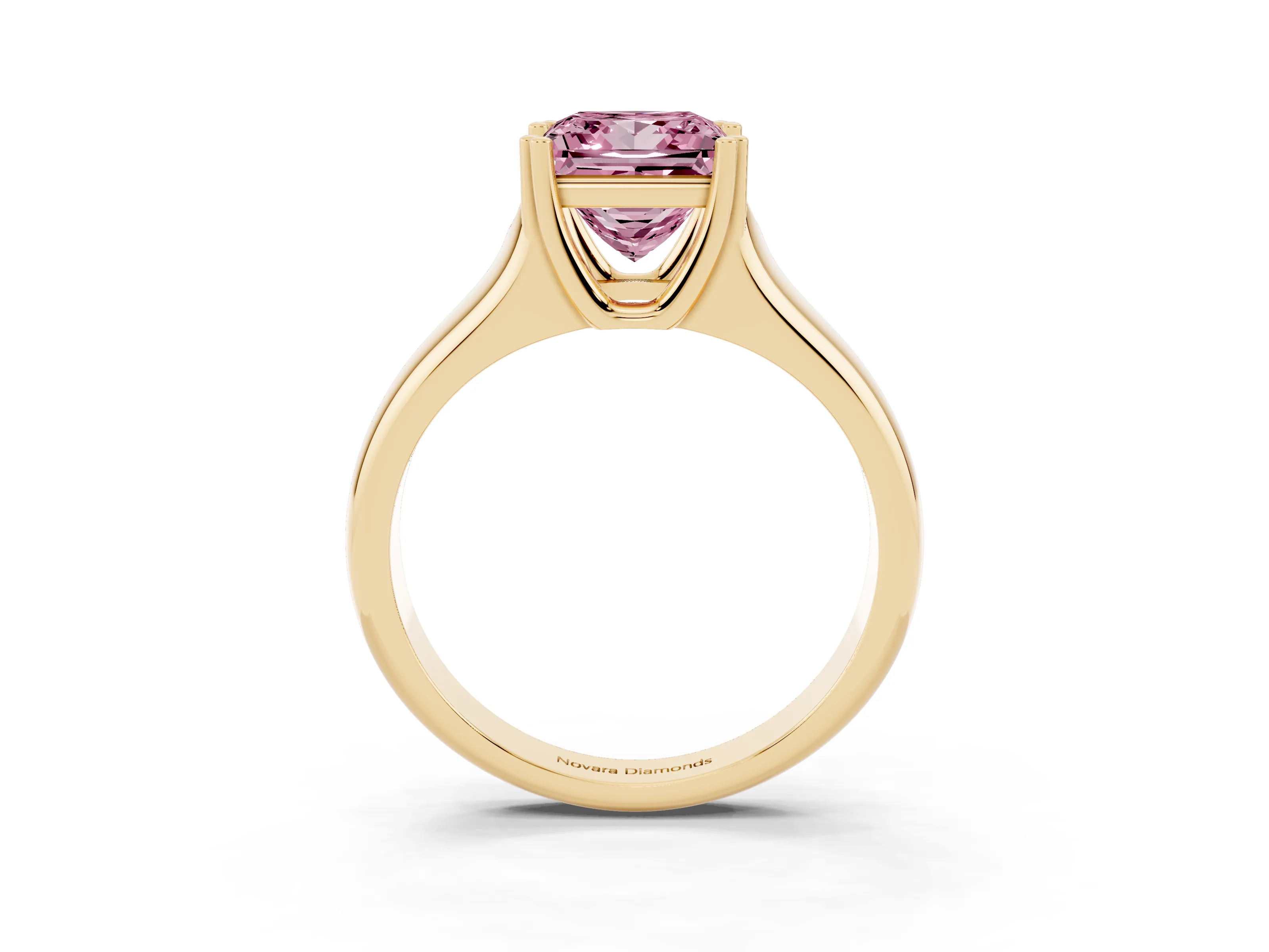 Fancy Pink Princess Cut Diamond Solitaire Ring Set in Yellow gold with Wide Band and Prong Setting