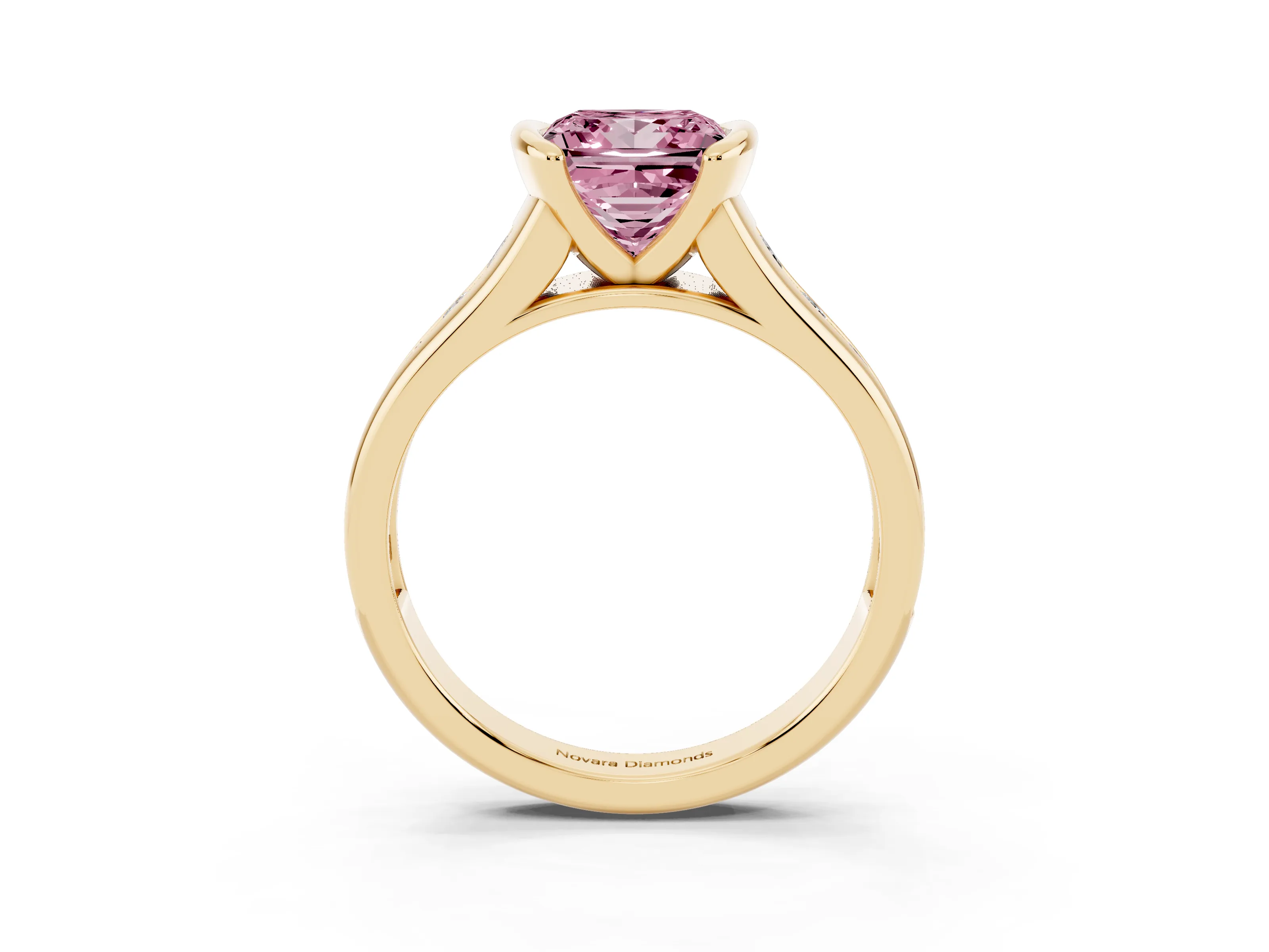 Fancy Pink Princess Cut Diamond Bezel-Set Solitaire Ring Set in Yellow gold with Channel-Set Band