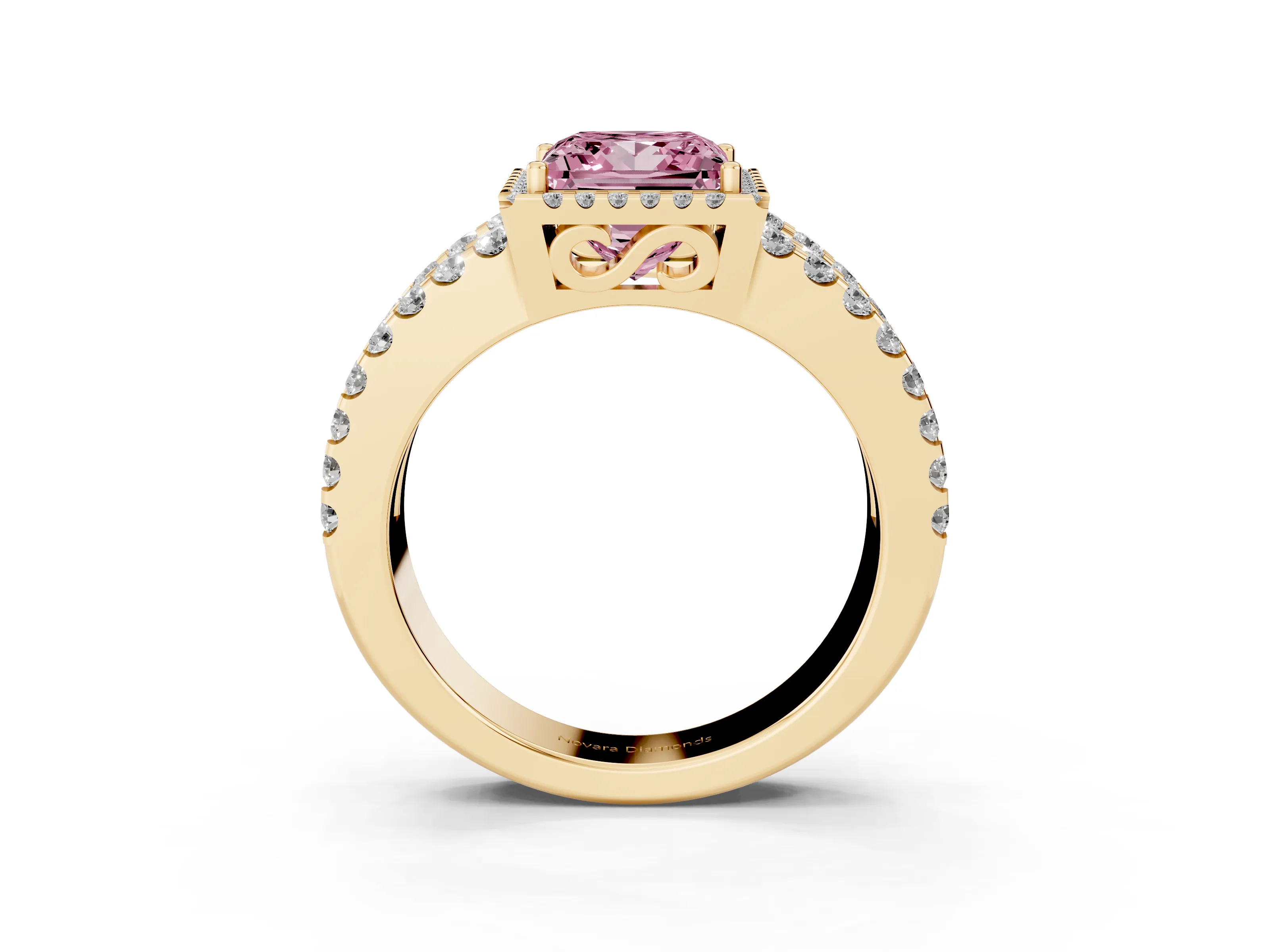 Fancy Pink Princess Cut Diamond Halo Ring Set in Yellow gold with Pavé Split Shank and Prong Setting