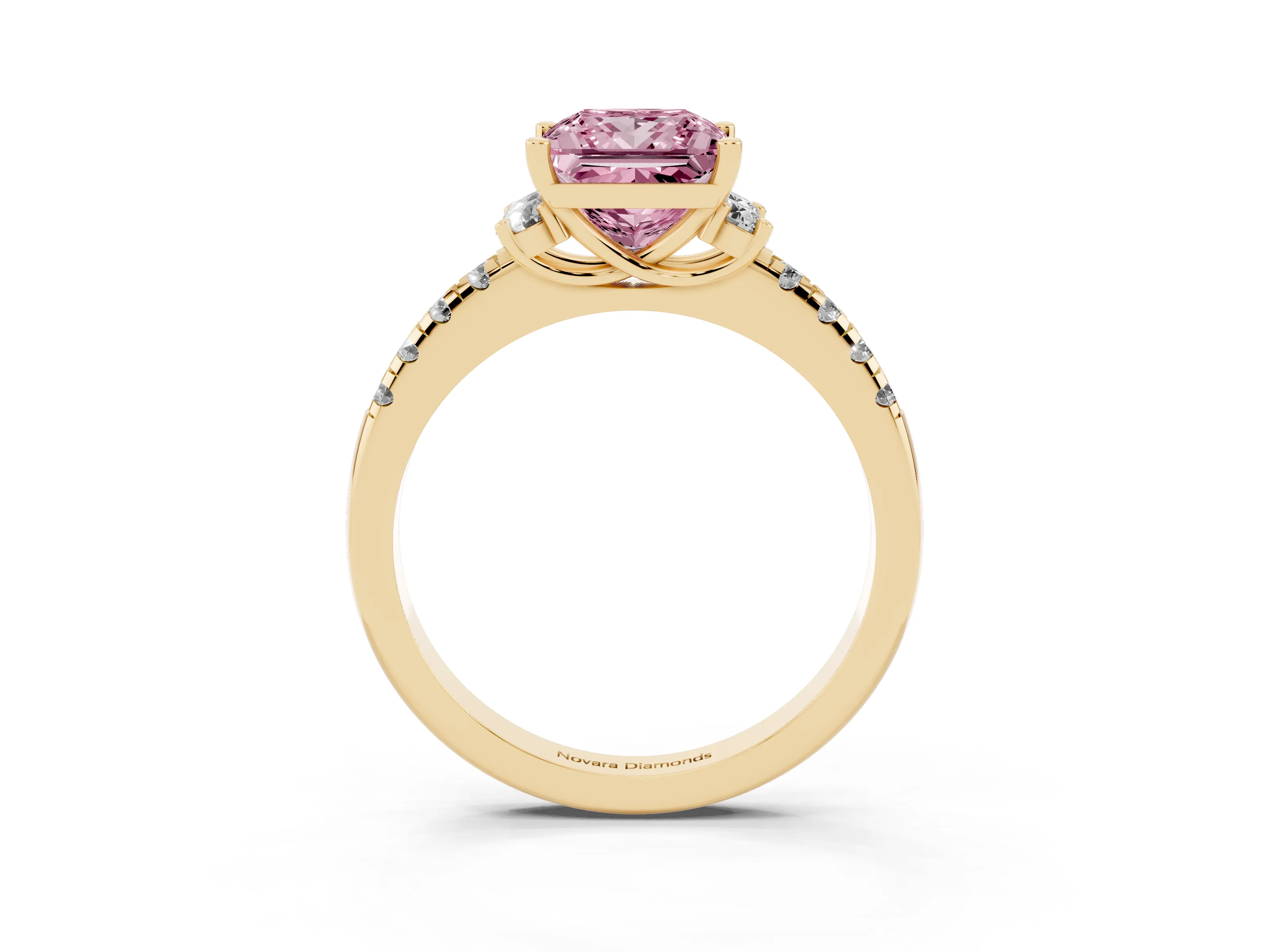Fancy Pink Princess Cut Diamond Three-Stone Pavé Ring Set in Yellow gold with Prong Setting