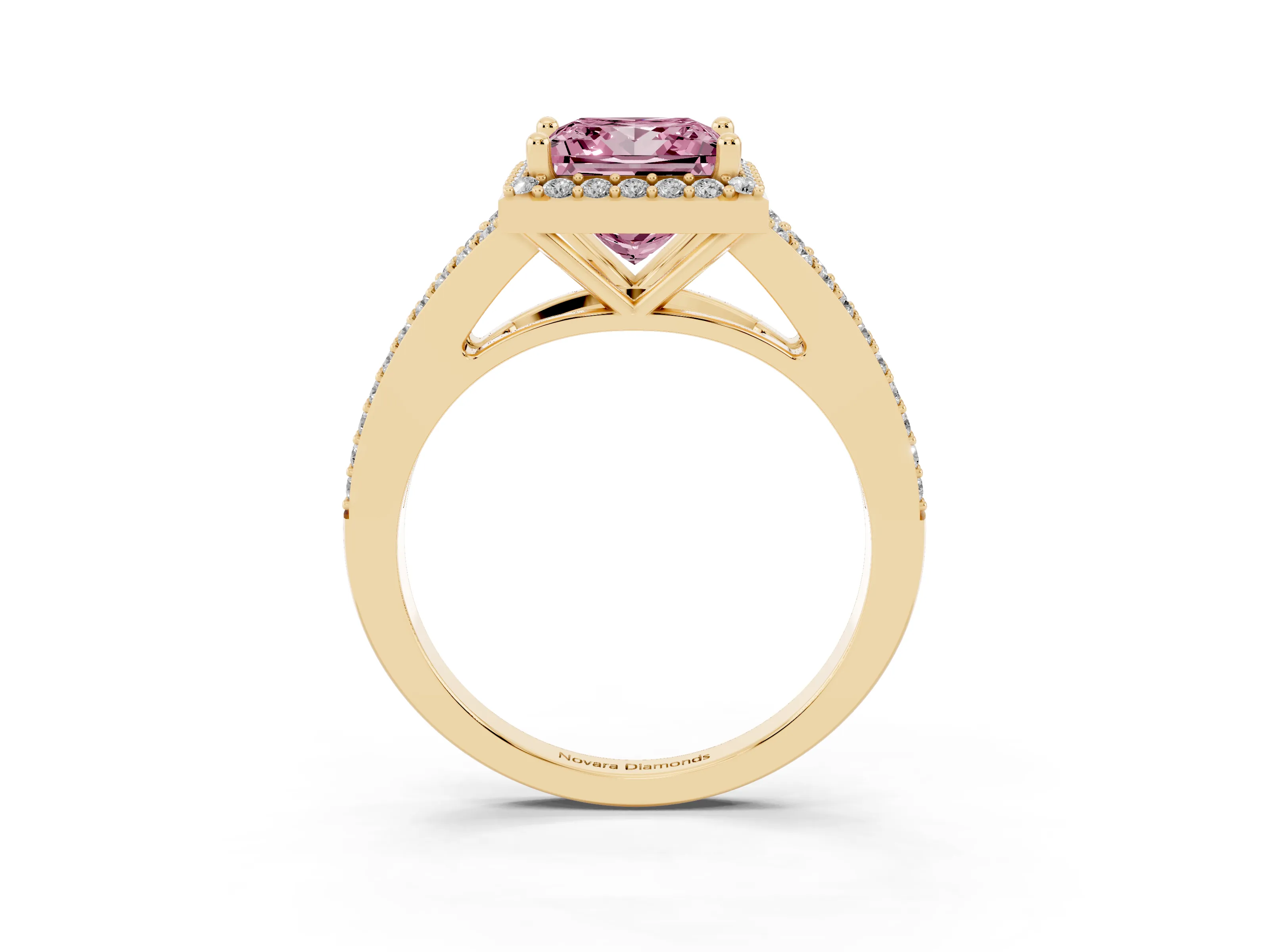 Fancy Pink Princess Cut Diamond Halo Split Shank Pavé Ring Set in Yellow gold with Prong Setting