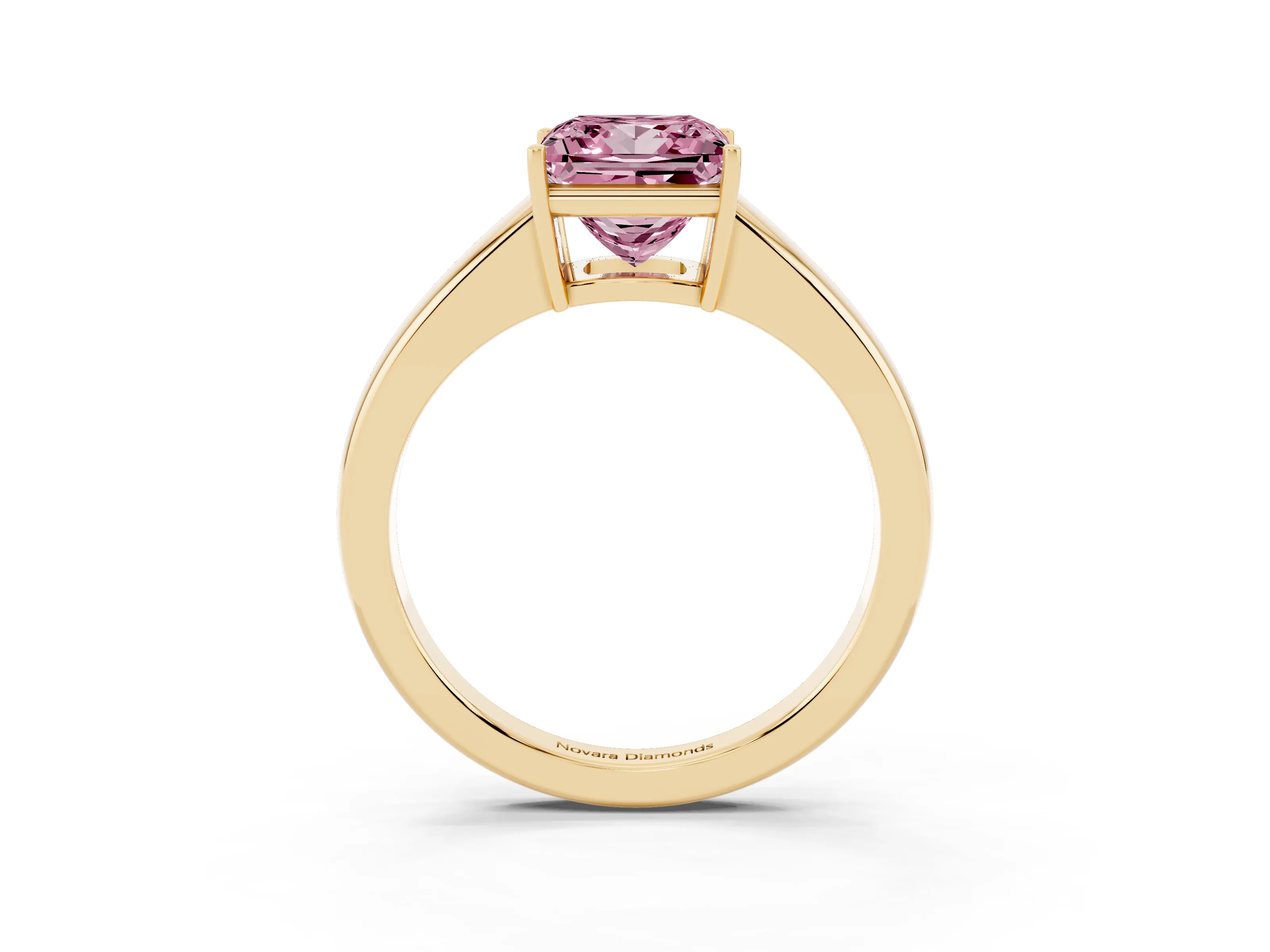 Fancy Pink Princess Cut Diamond Solitaire Ring Set in Yellow gold with Tapered Band and Prong Setting