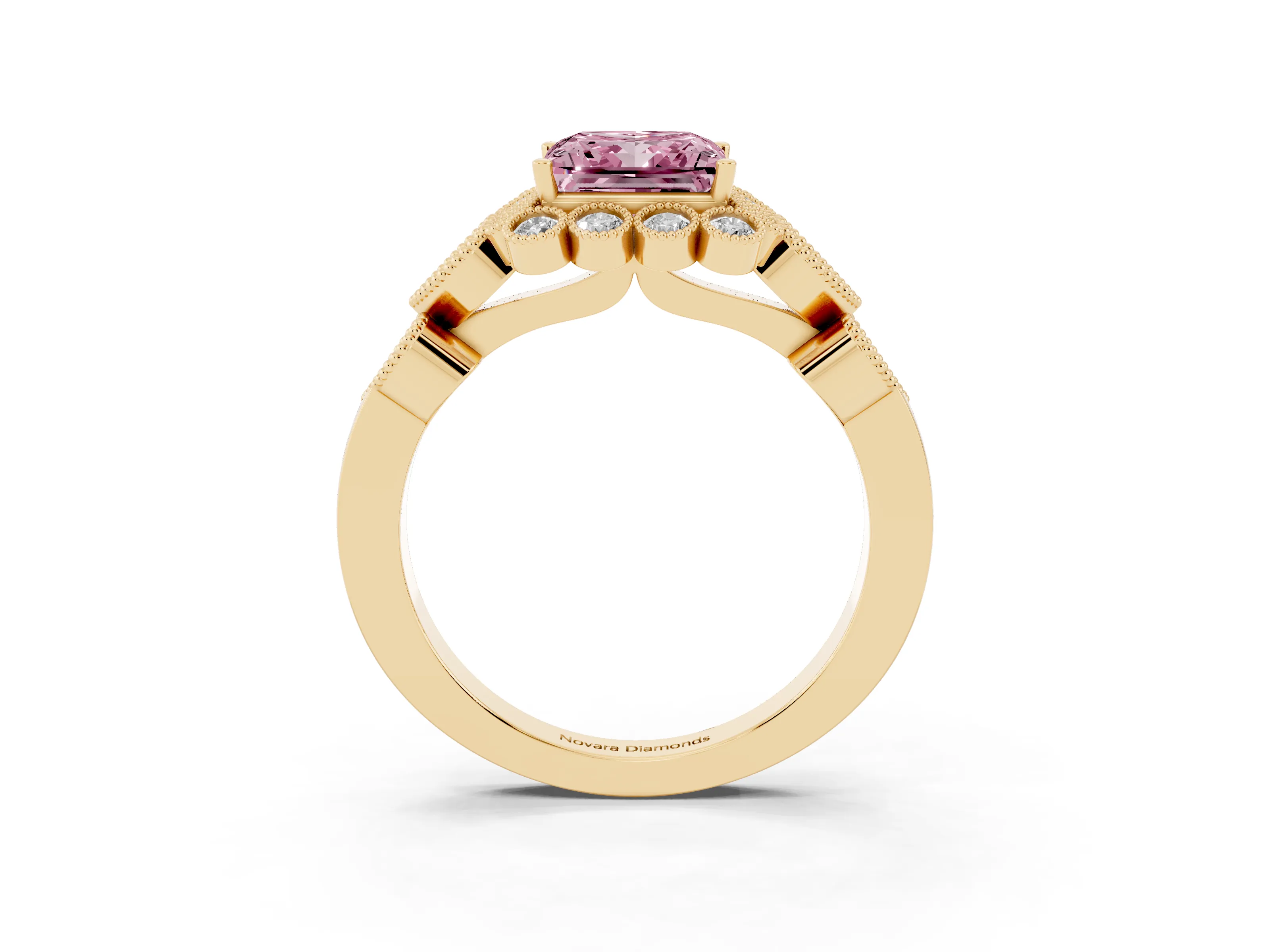 Fancy Pink Princess Cut Diamond Solitaire Ring Set in Yellow gold with Milgrain Pavé Heart Band