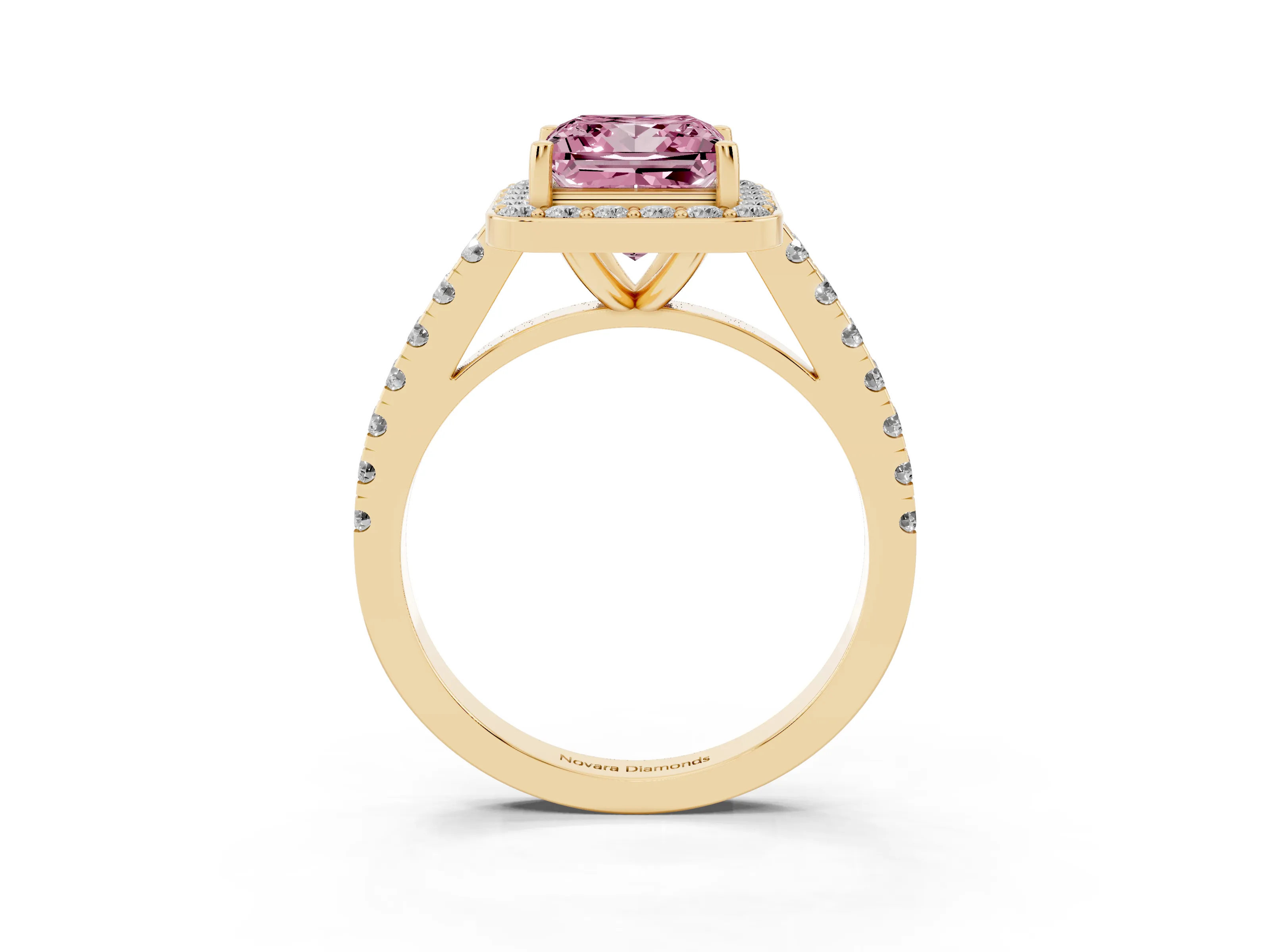 Fancy Pink Princess Cut Diamond Halo Ring Set in Yellow gold with Round Pavé Split Shank and Prong Setting