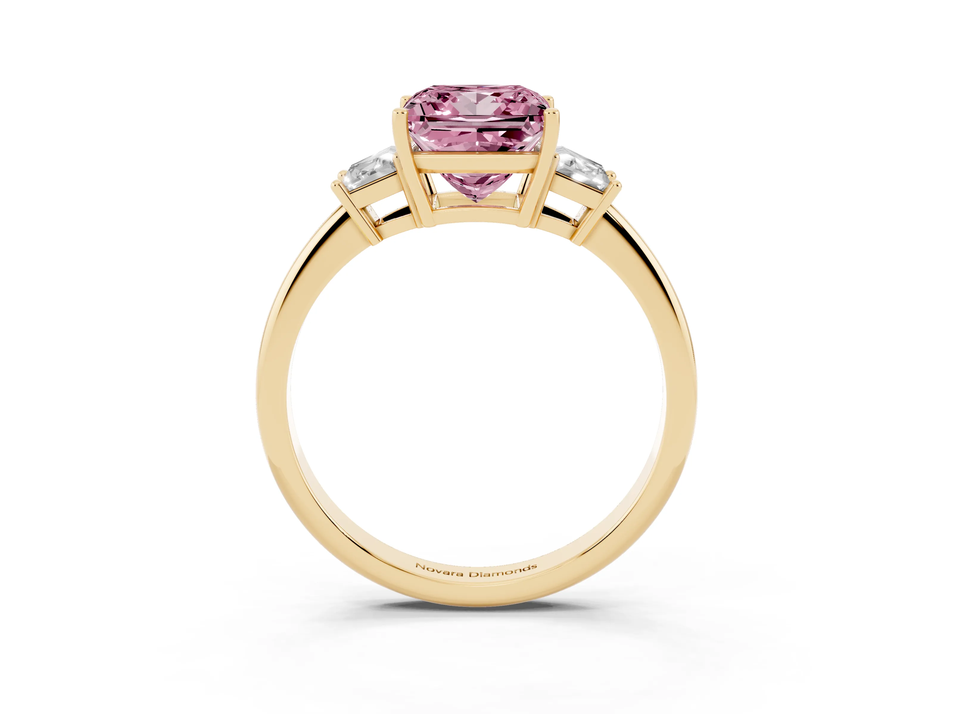 Fancy Pink Princess Cut Diamond Three-Stone Ring Set in Yellow gold with Trapezoid Side Stones and Prong Setting