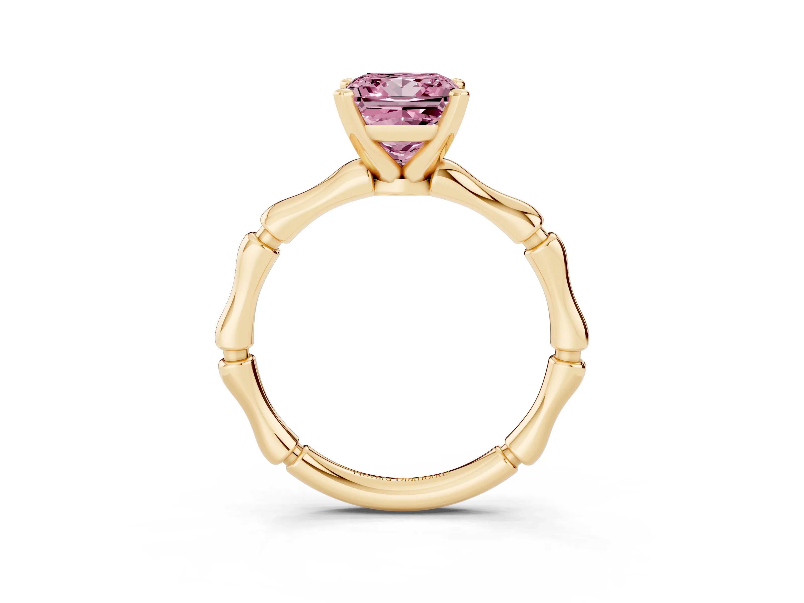 Fancy Pink Princess Cut Diamond Solitaire Ring Set in Yellow gold with Bamboo Band and Prong Setting