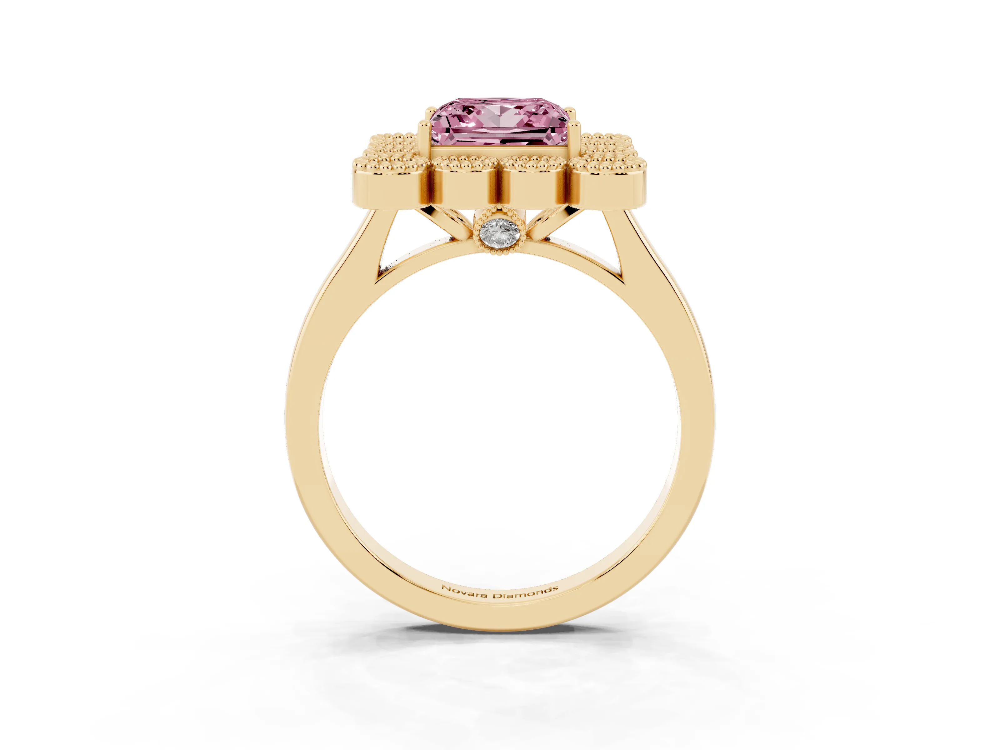 Fancy Pink Princess Cut Diamond Cluster Halo Ring Set in Yellow gold with Milgrain Bezel Accents and Plain Band