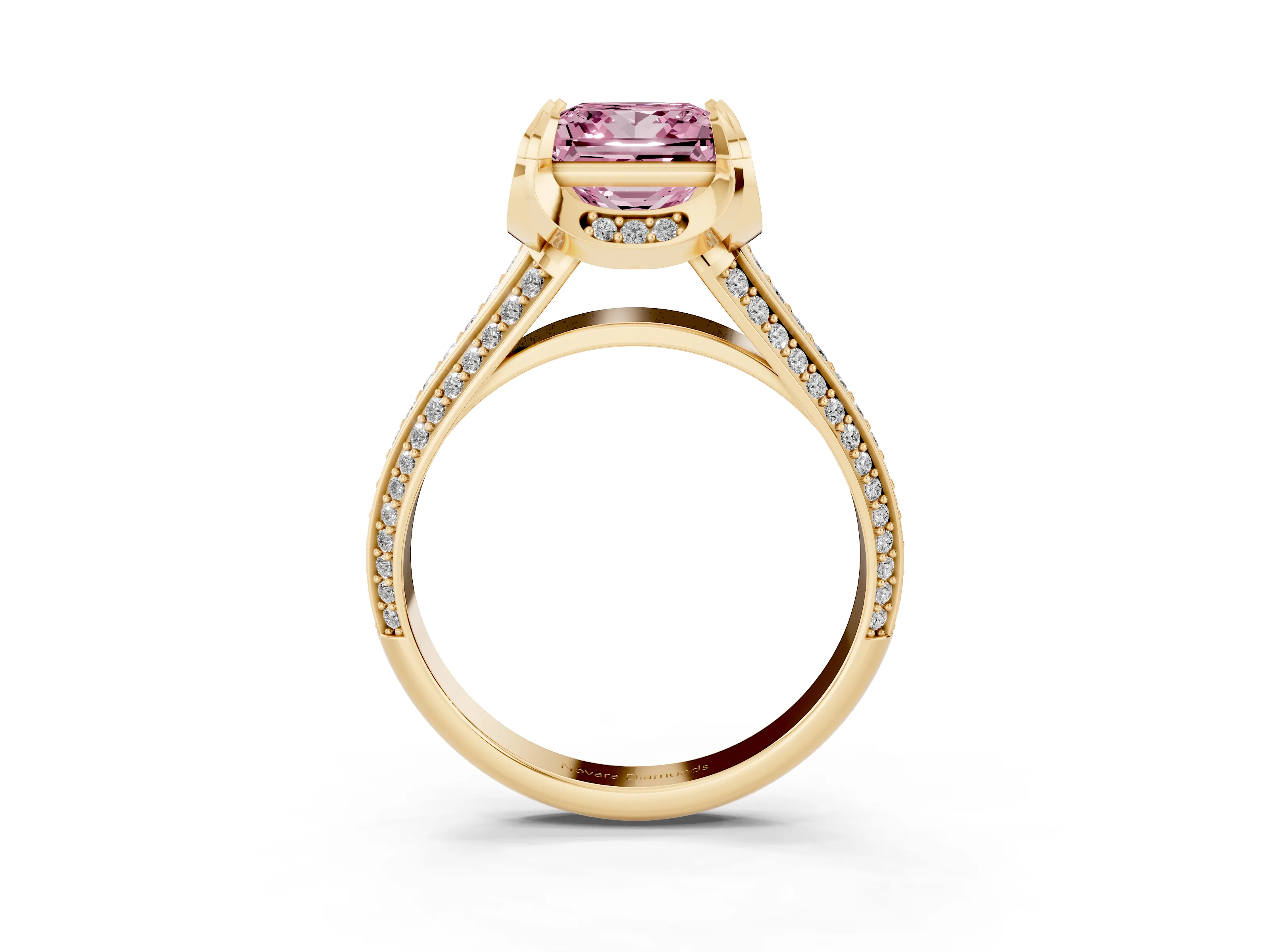 Fancy Pink Princess Cut Diamond Pavé Split Shank Solitaire Ring Set in Yellow gold with Prong Setting