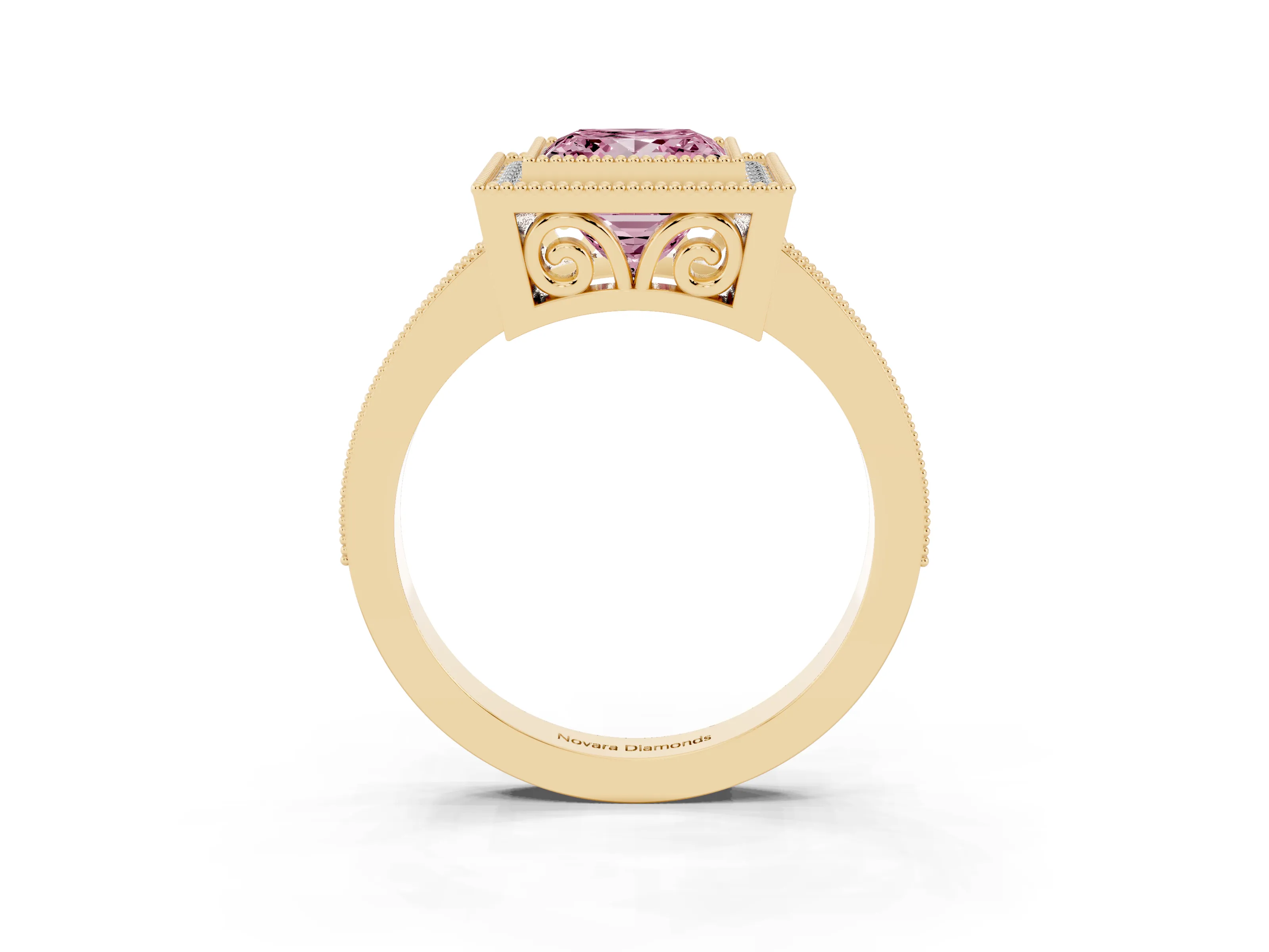 Fancy Pink Princess Cut Diamond Halo Ring Set in Yellow gold with Pavé Band and Milgrain-Edged Prongs