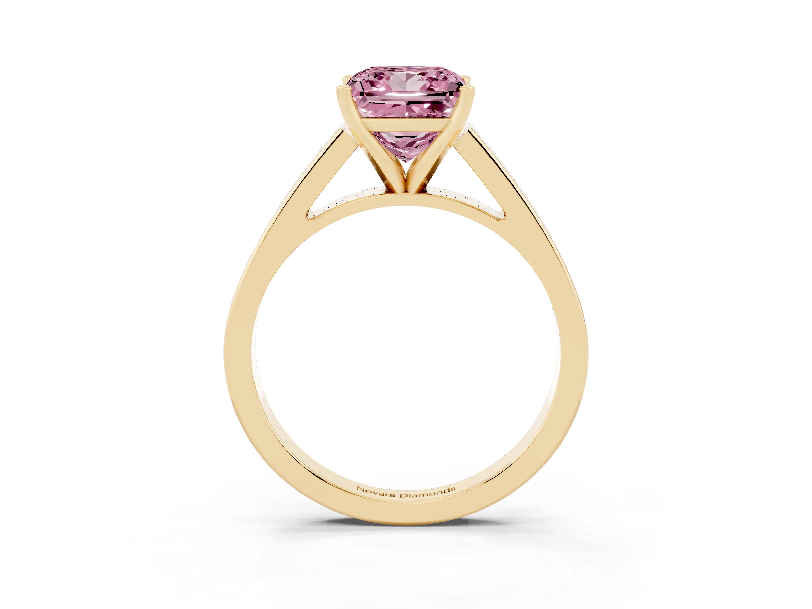 Fancy Pink Princess Cut Diamond Solitaire Engagement Ring Set in Yellow gold with Prong Setting and Tapered Band