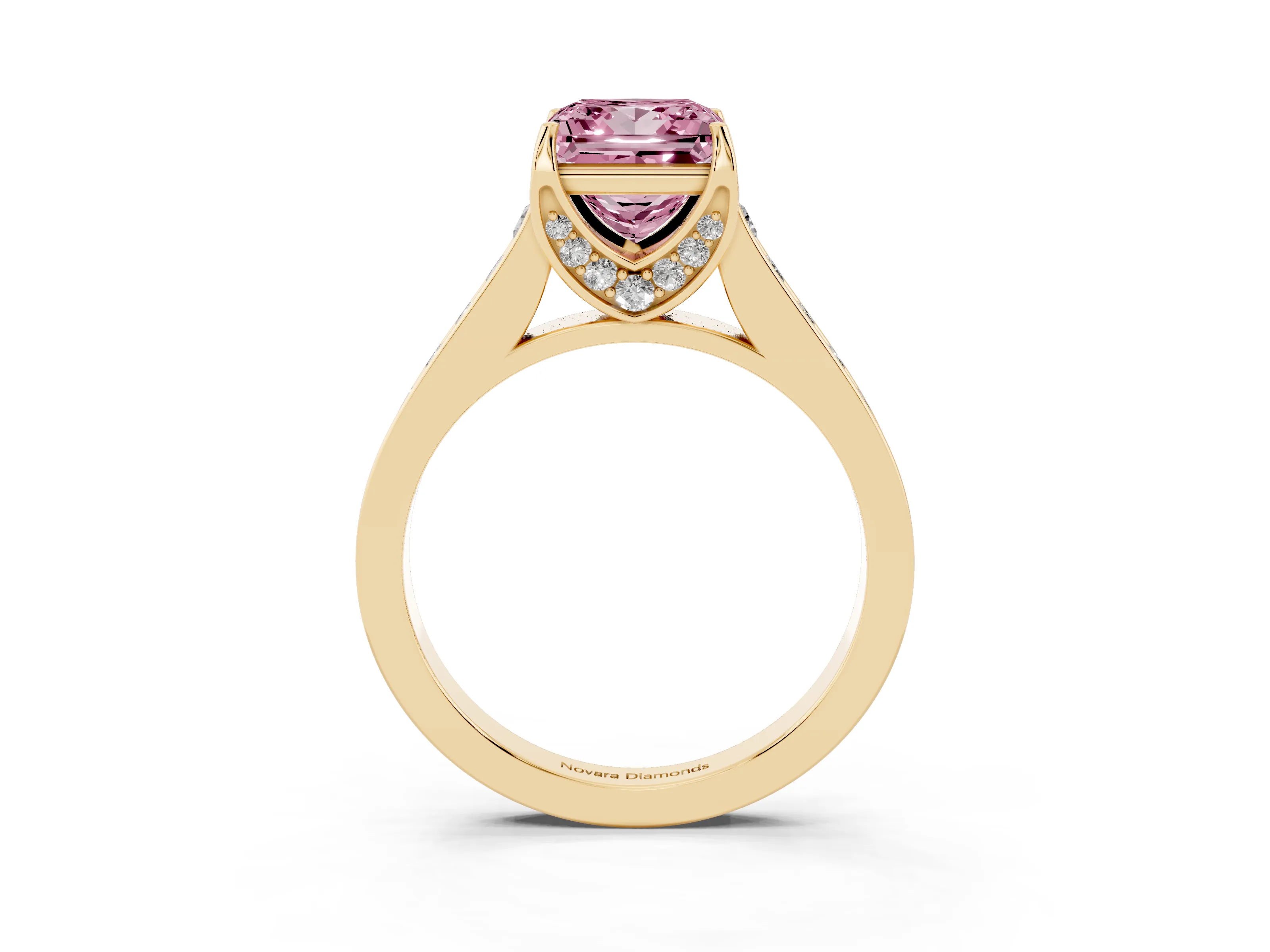 Fancy Pink Princess Cut Diamond Solitaire Pavé Engagement Ring Set in Yellow gold with Prong Setting