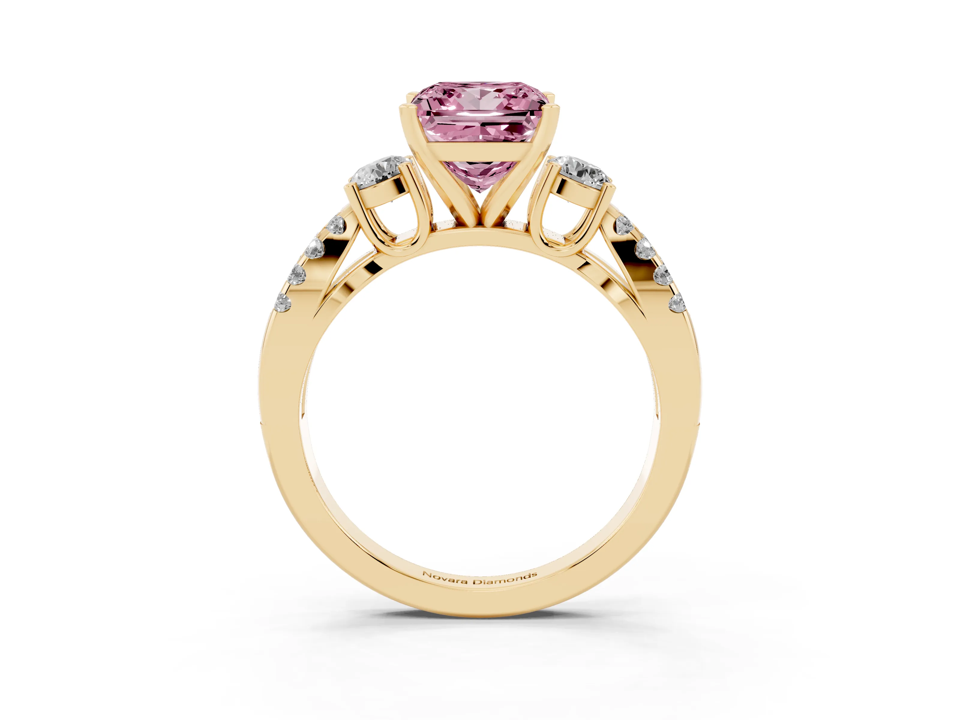 Fancy Pink Princess Cut Diamond Three-Stone Ring Set in Yellow gold with Pavé Split Shank and Prong Setting