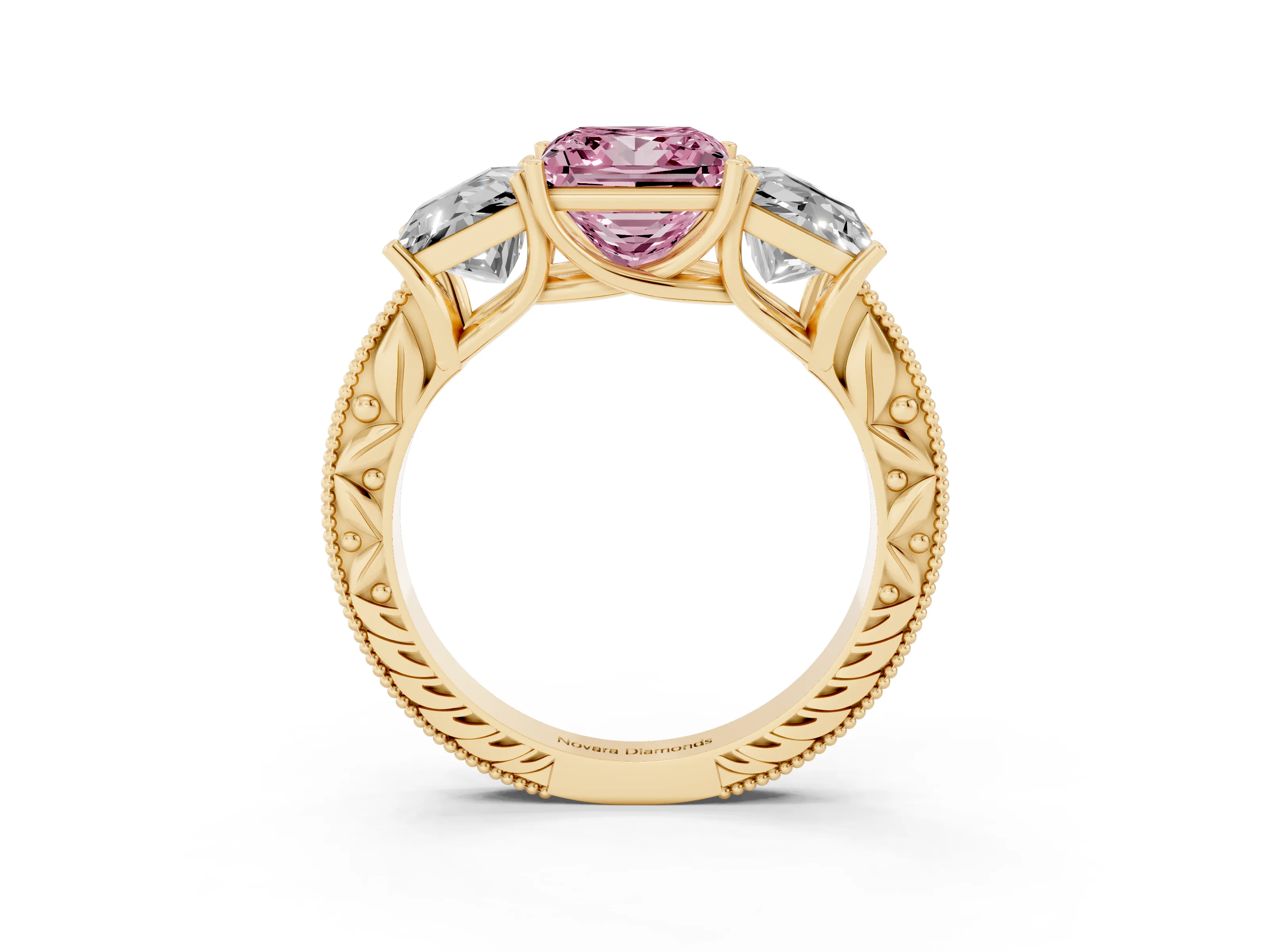Fancy Pink Princess Cut Diamond Three-Stone Engagement Ring Set in Yellow gold with Milgrain Pavé Band