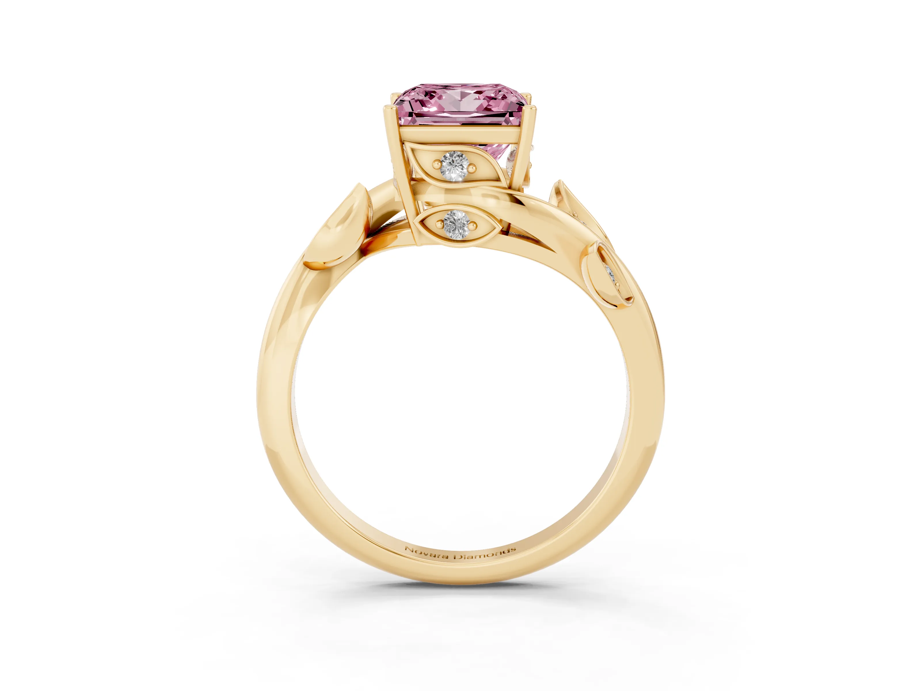 Fancy Pink Princess Cut Diamond Solitaire Twist Engagement Ring Set in Yellow gold with Pavé Leaf Accents