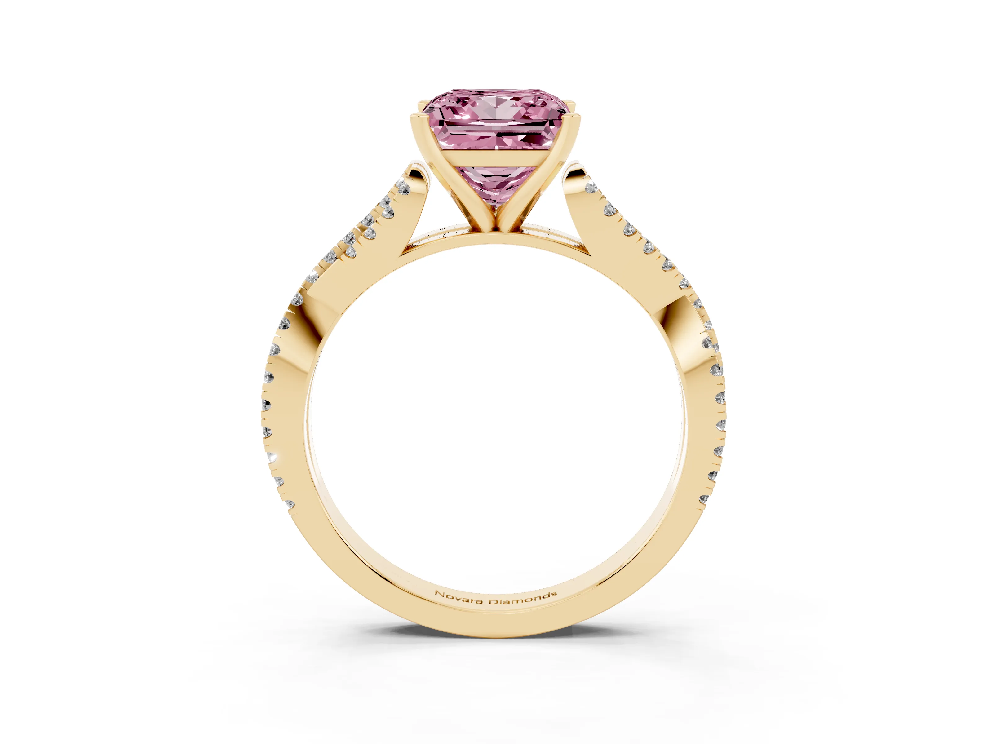 Fancy Pink Princess Cut Diamond Solitaire Engagement Ring Set in Yellow gold with Twisted Pavé Band and Prong Setting