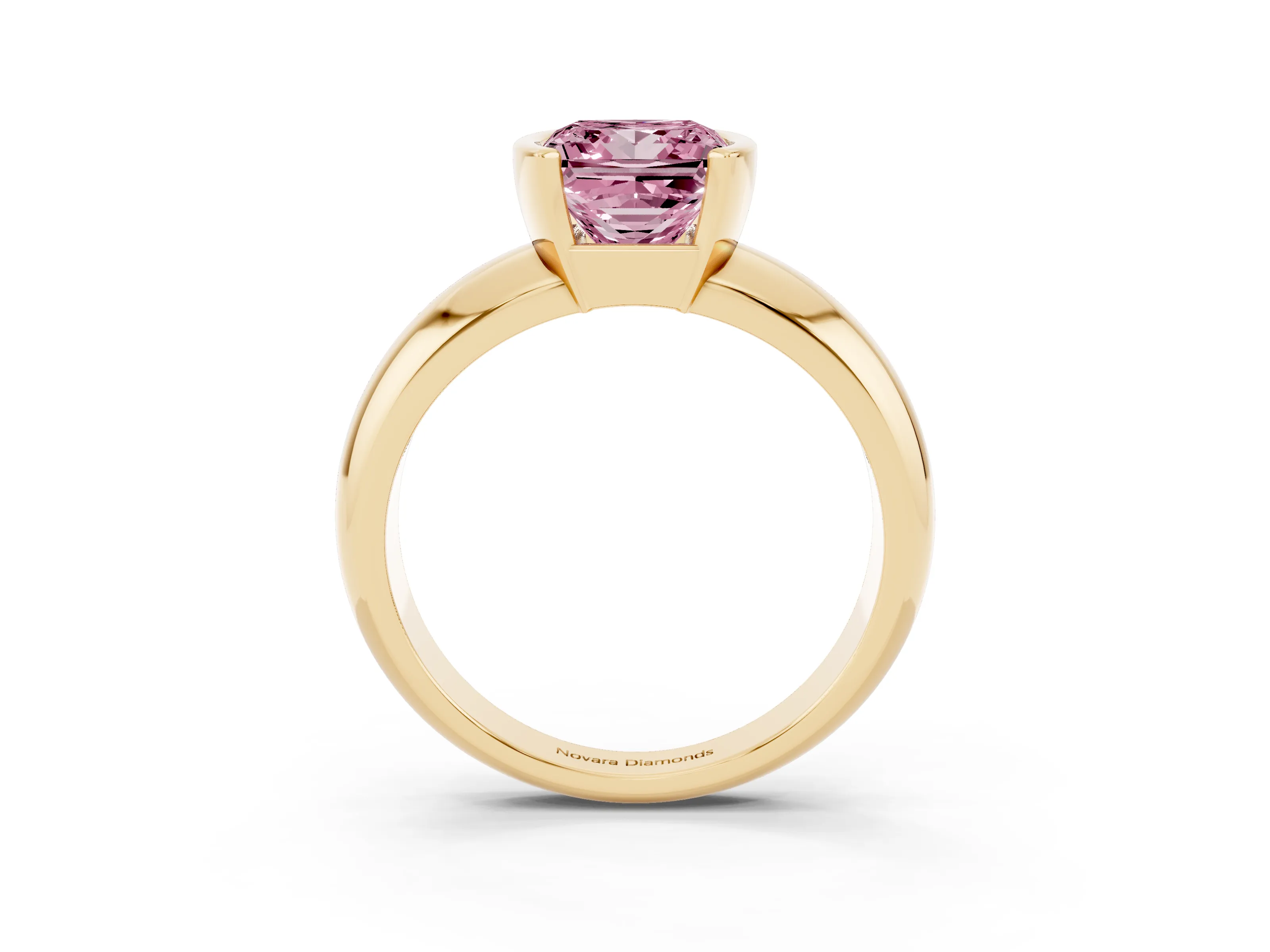 Fancy Pink Princess Cut Diamond Solitaire Tension Set Ring Set in Yellow gold with Wide Band