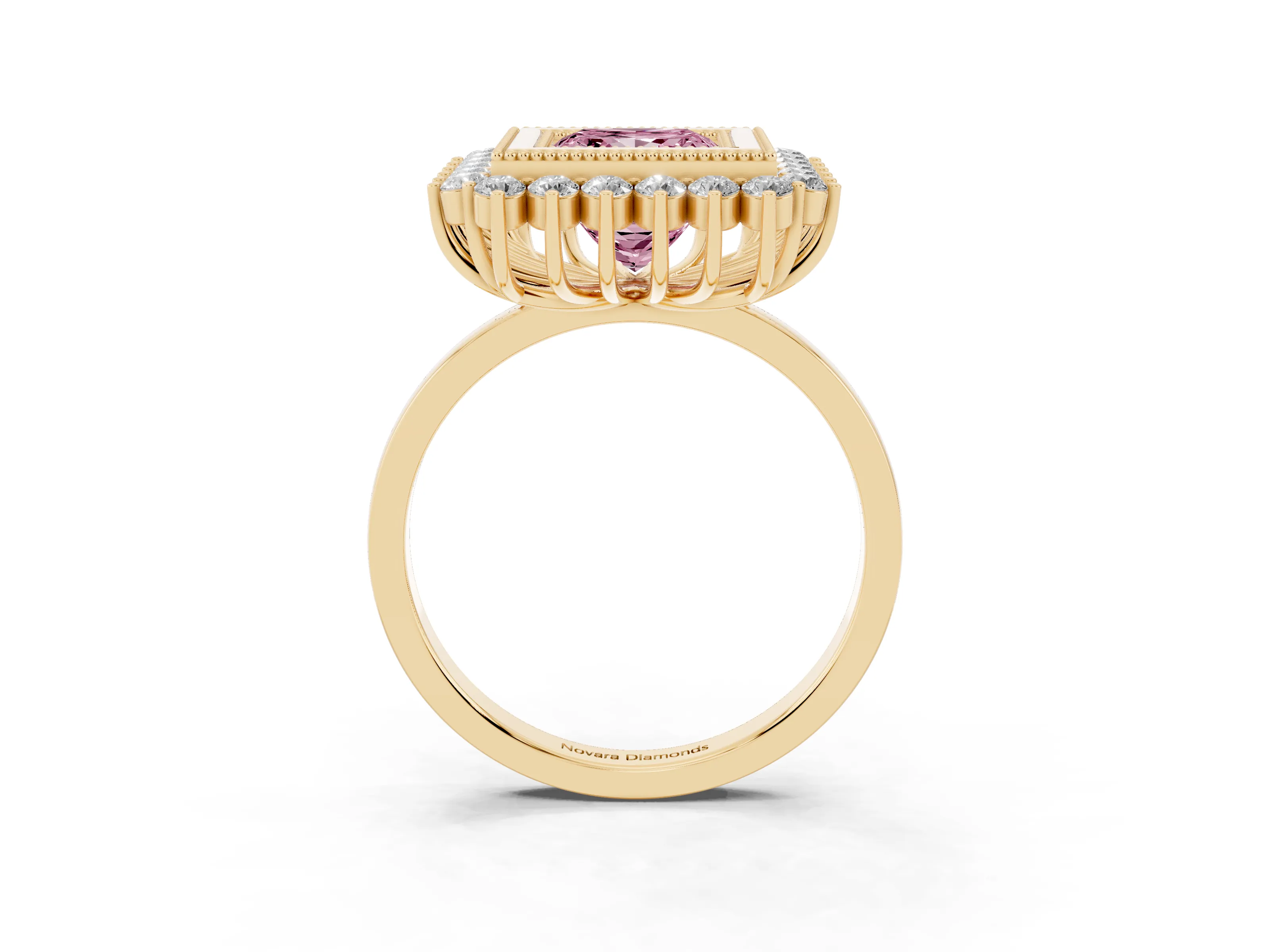 Fancy Pink Princess Cut Diamond Halo Ring Set in Yellow gold with Milgrain Edge and Round Prong Setting