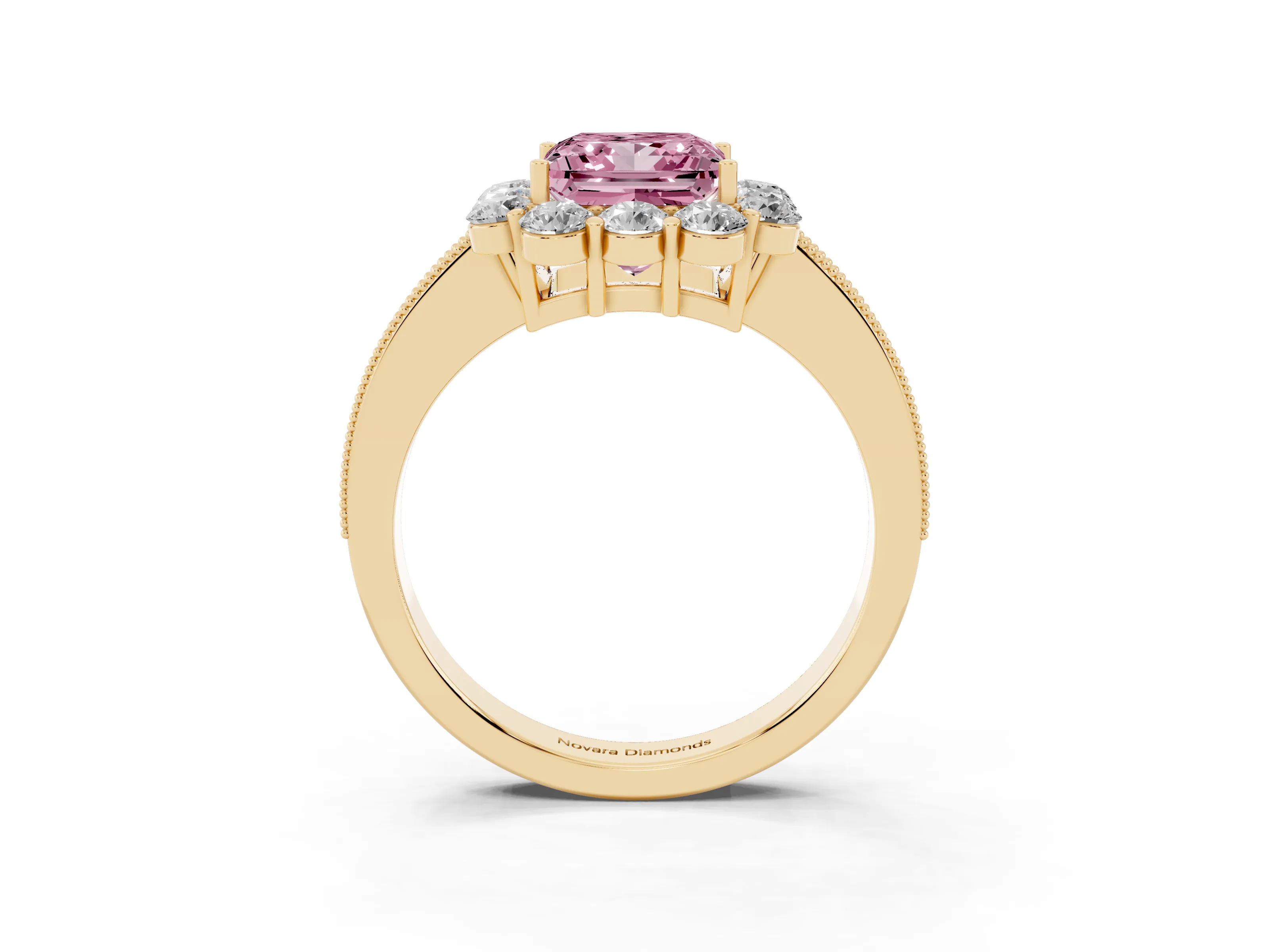 Fancy Pink Princess Cut Diamond Halo Pavé Engagement Ring Set in Yellow gold with Milgrain Detailing