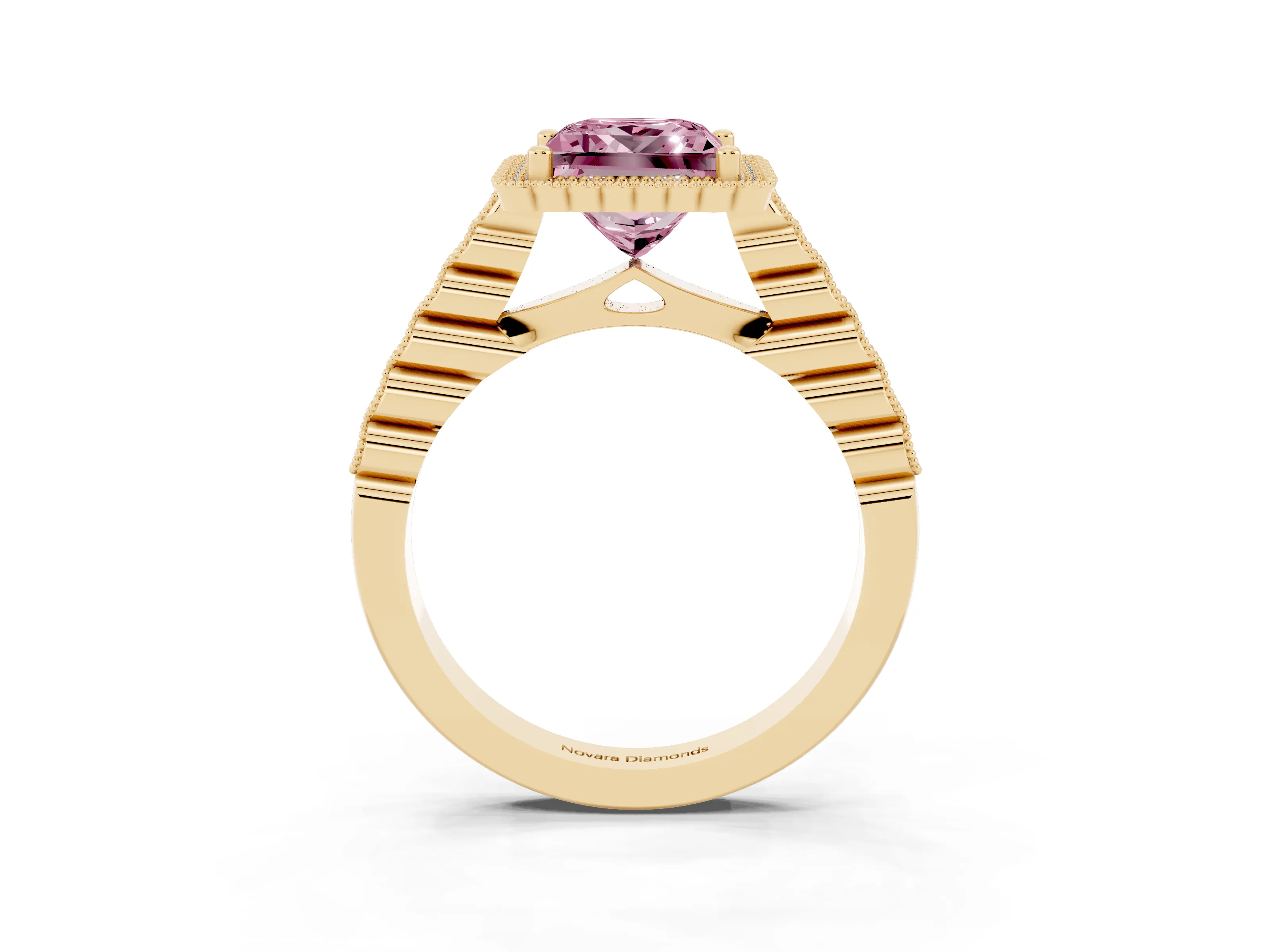 Fancy Pink Princess Cut Diamond Halo Ring Set in Yellow gold with Pavé Milgrain Band