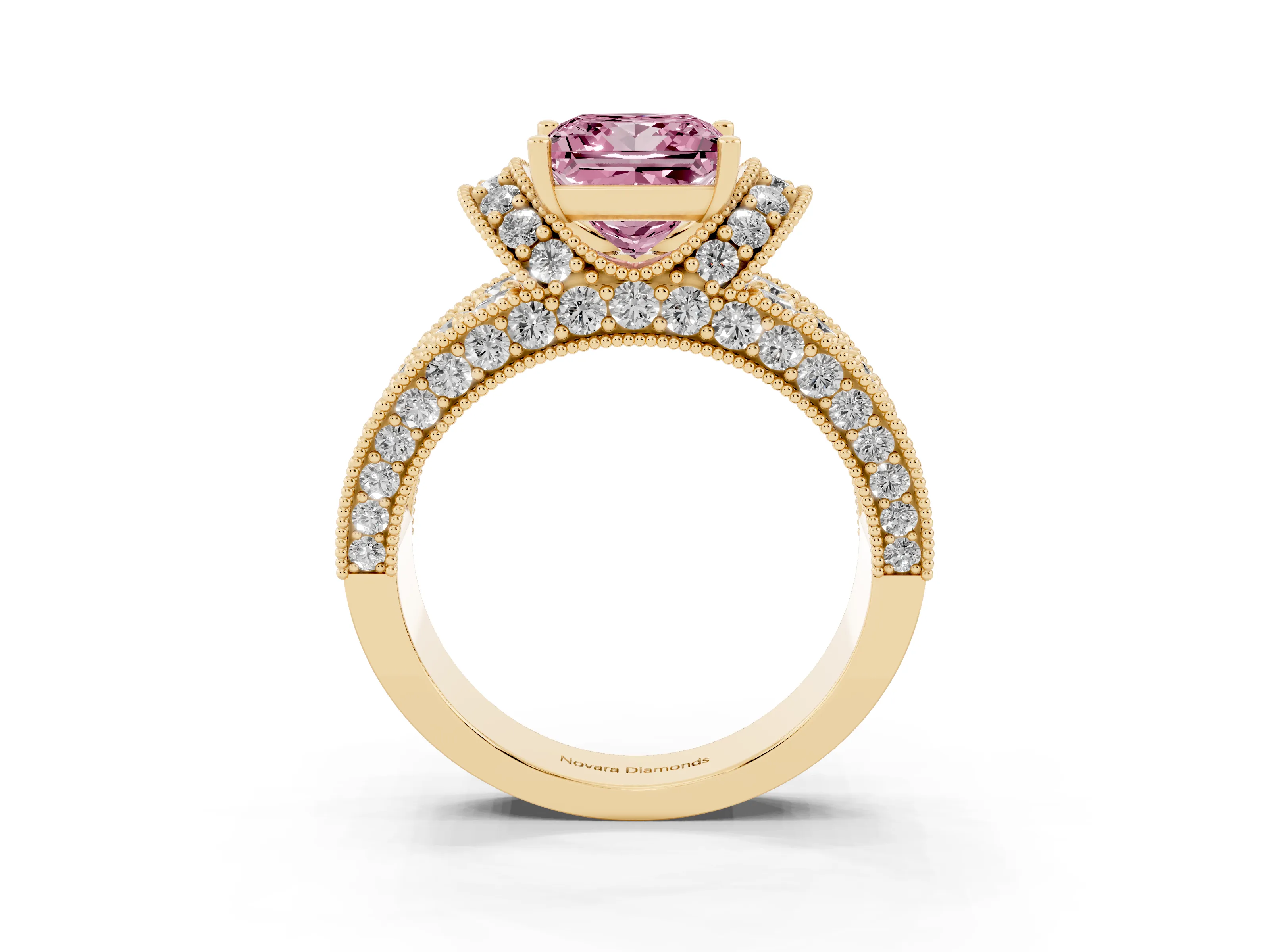 Fancy Pink Princess Cut Diamond Milgrain Halo Pavé Engagement Ring Set in Yellow gold with Prong Setting