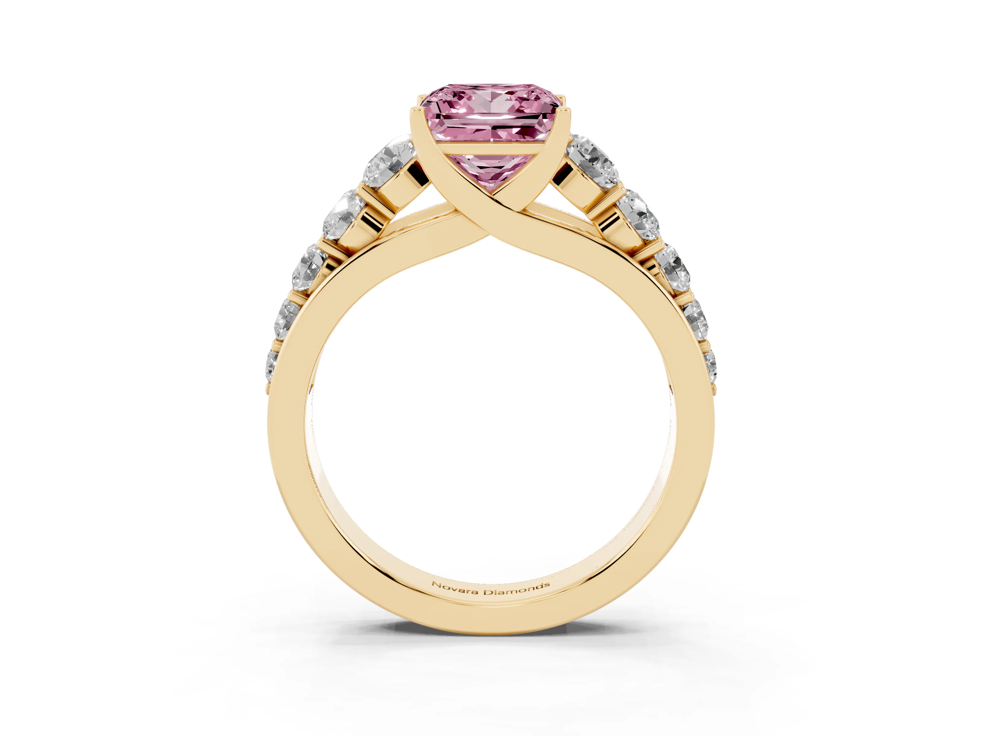 Fancy Pink Princess Cut Diamond Solitaire Ring Set in Yellow gold with Pavé-Set Band and Prong Setting
