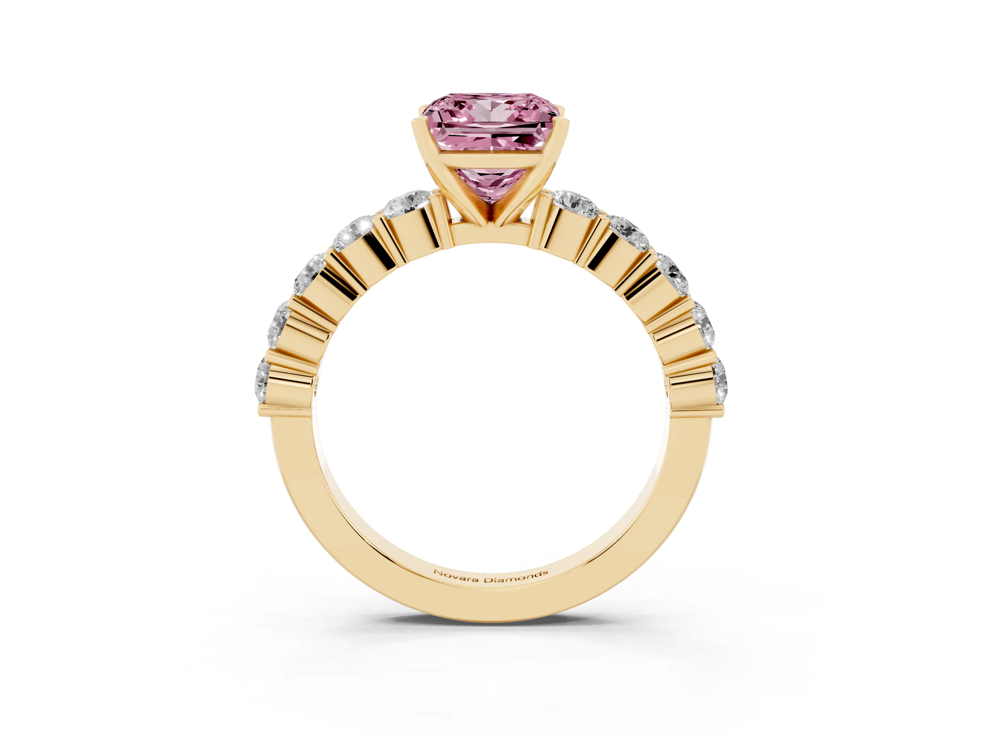 Fancy Pink Princess Cut Diamond Solitaire Ring Set in Yellow gold with Shared Prong Round Side Stones