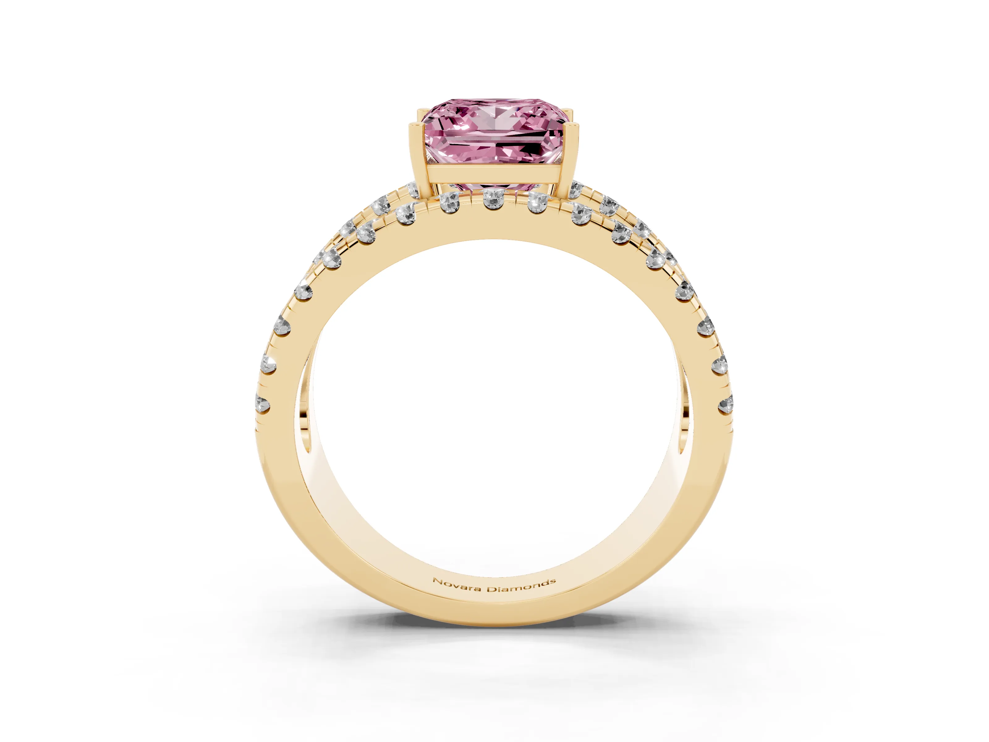 Fancy Pink Princess Cut Diamond Split Shank Pavé Solitaire Ring Set in Yellow gold with Open Shank Design
