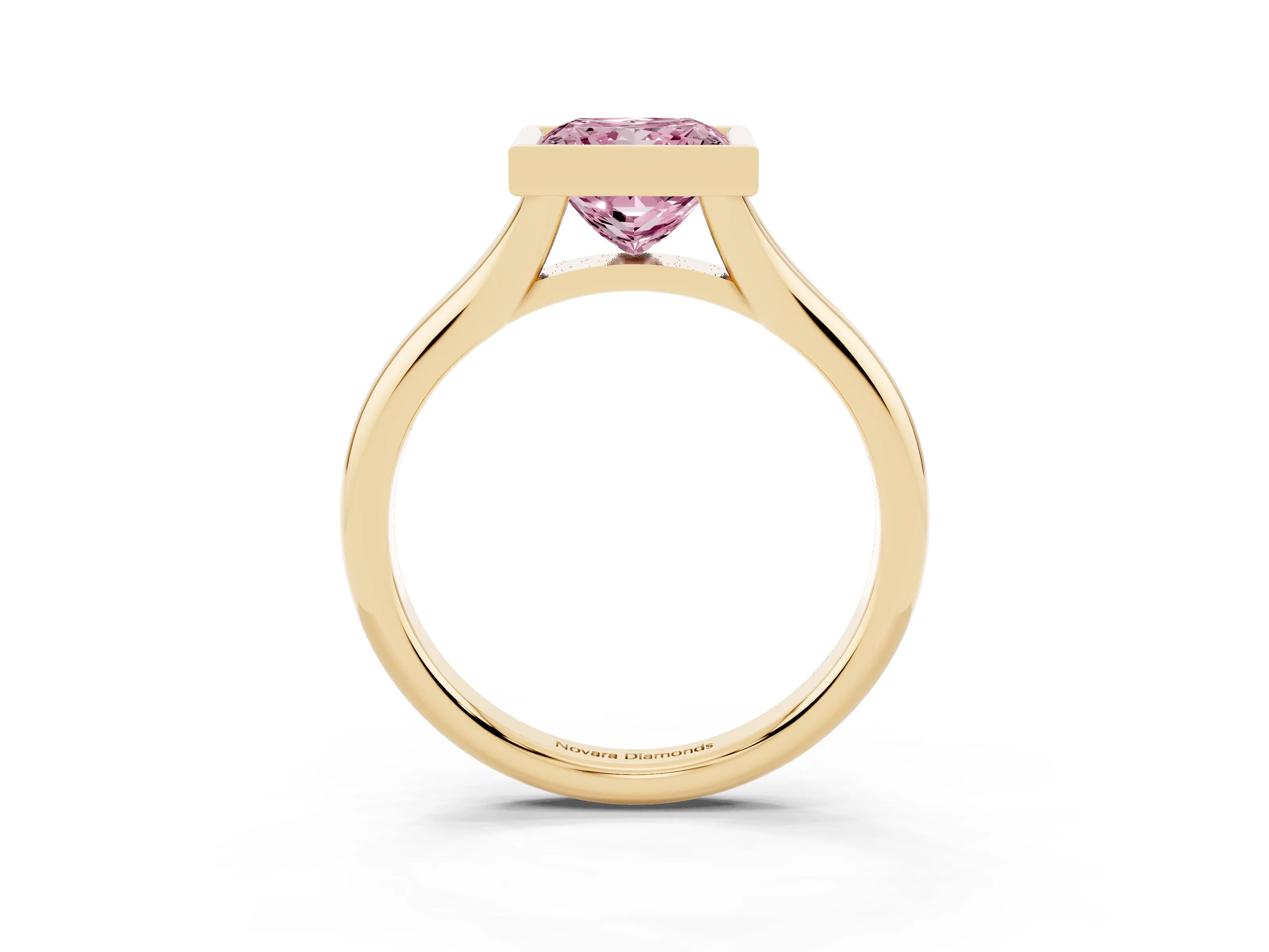 Fancy Pink Bezel Set Princess Cut Diamond Solitaire Ring Set in Yellow gold with Smooth Band