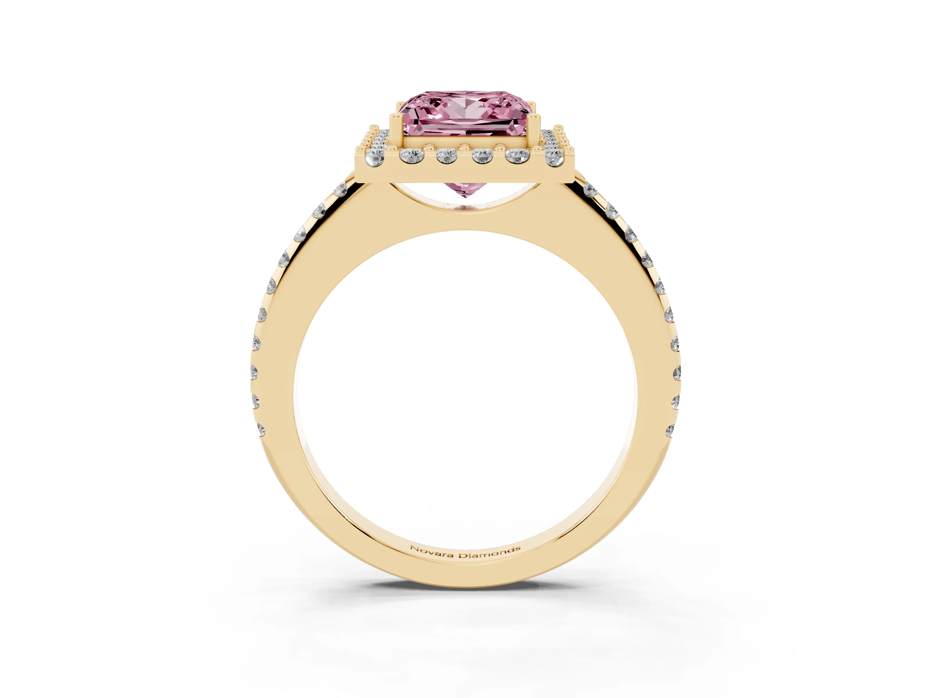 Fancy Pink Princess Cut Diamond Pavé Halo Ring Set in Yellow gold with Prong Setting