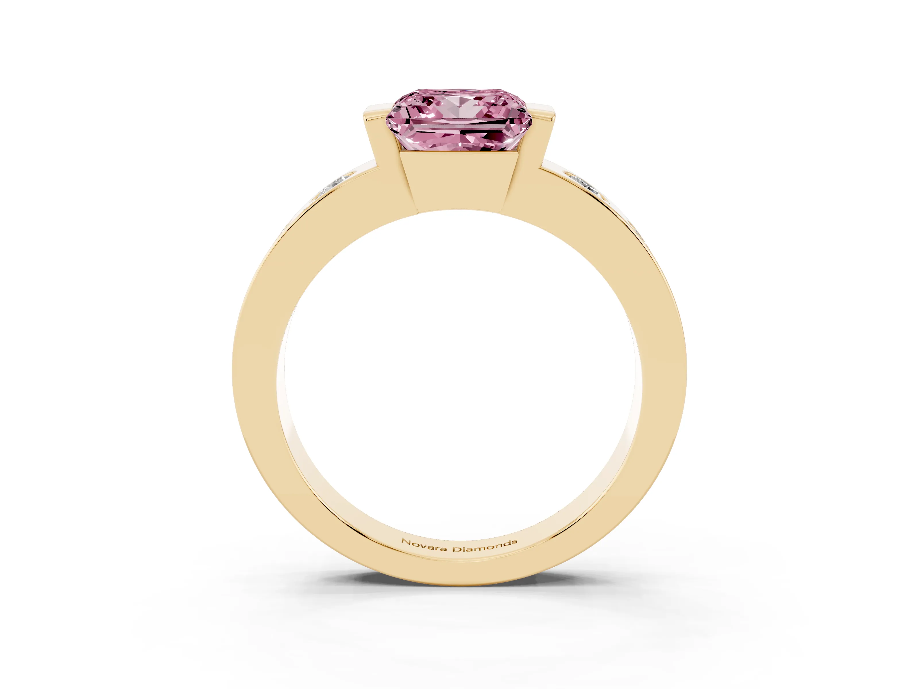 Fancy Pink Princess Cut Diamond Channel-Set Band Ring Set in Yellow gold with Bezel Prong Setting