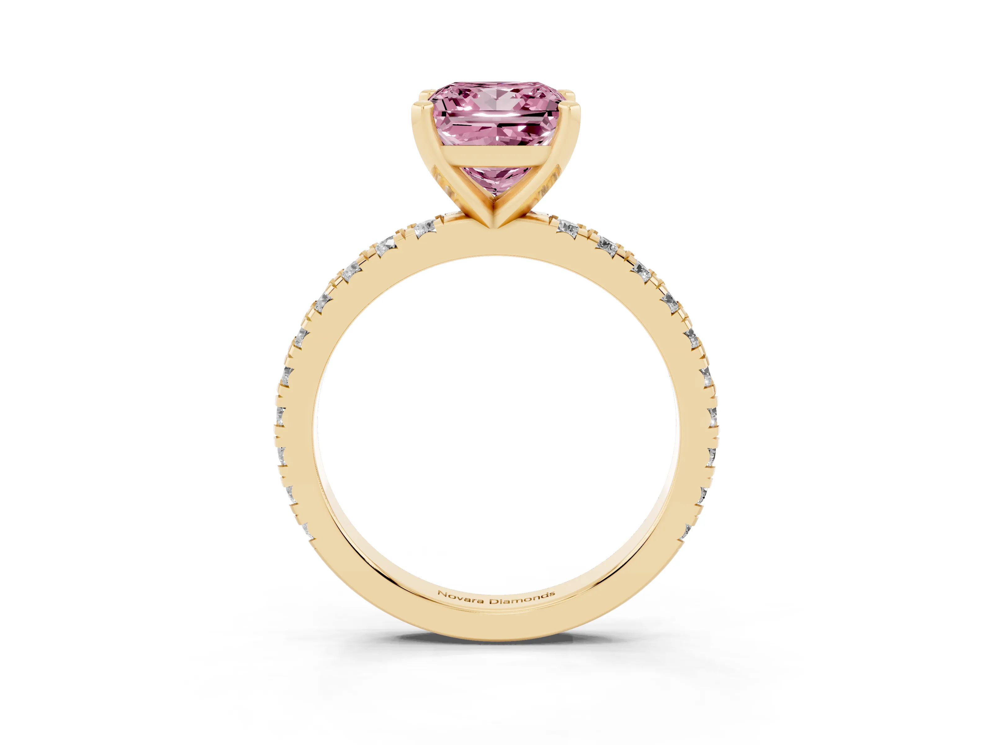 Fancy Pink Princess Cut Diamond Pavé Band Solitaire Set in Yellow gold with Prong Setting