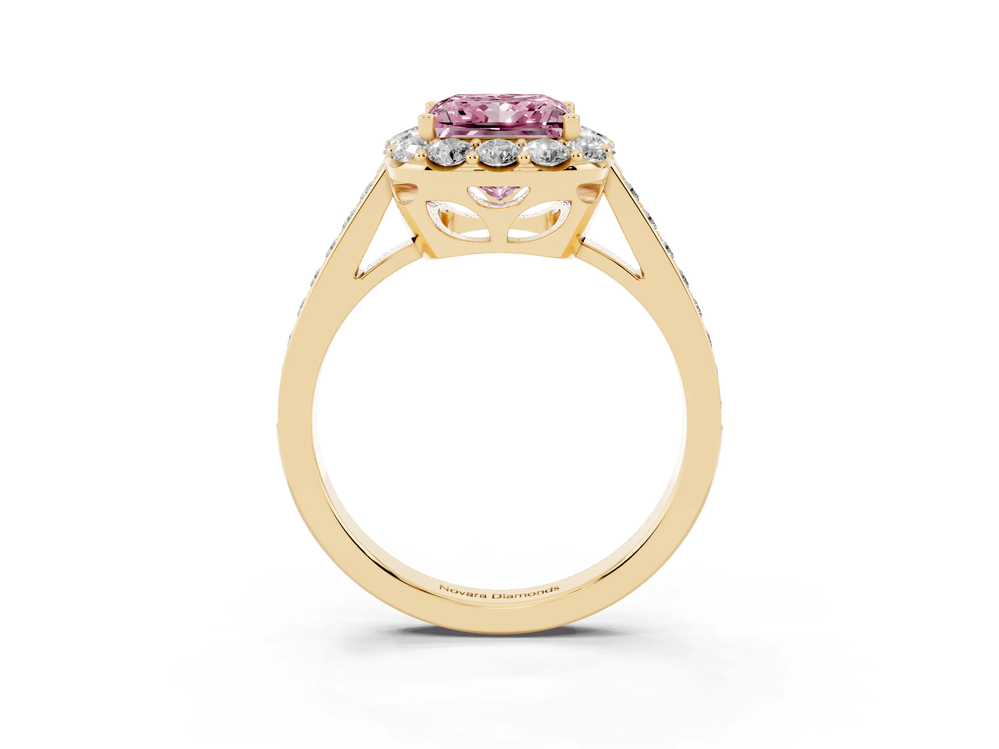 Fancy Pink Princess Cut Diamond Floral Halo Ring Set in Yellow gold with Pavé Band and Prong Setting