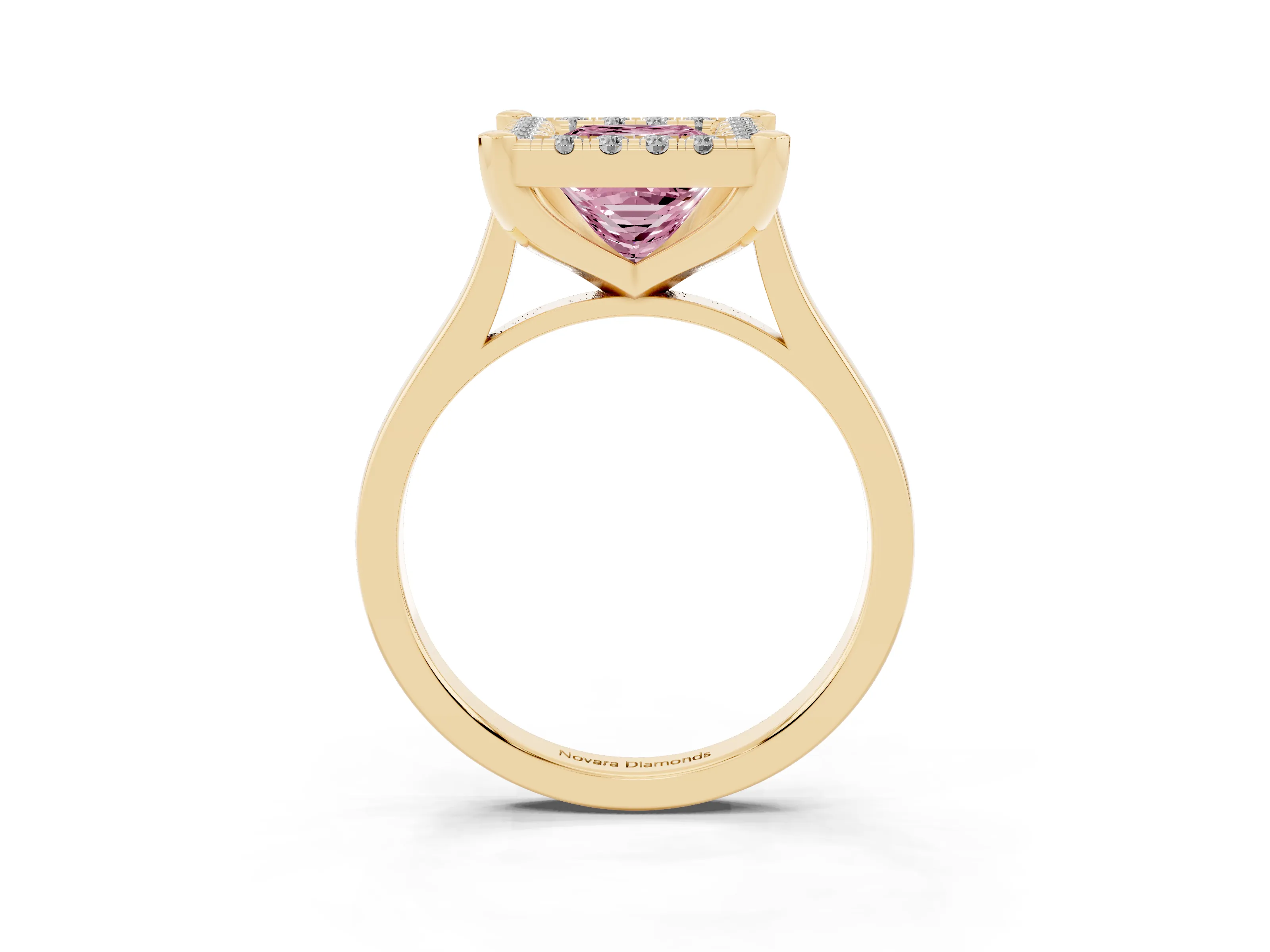 Fancy Pink Princess Cut Diamond Cluster Halo Solitaire Ring Set in Yellow gold with Prong Setting