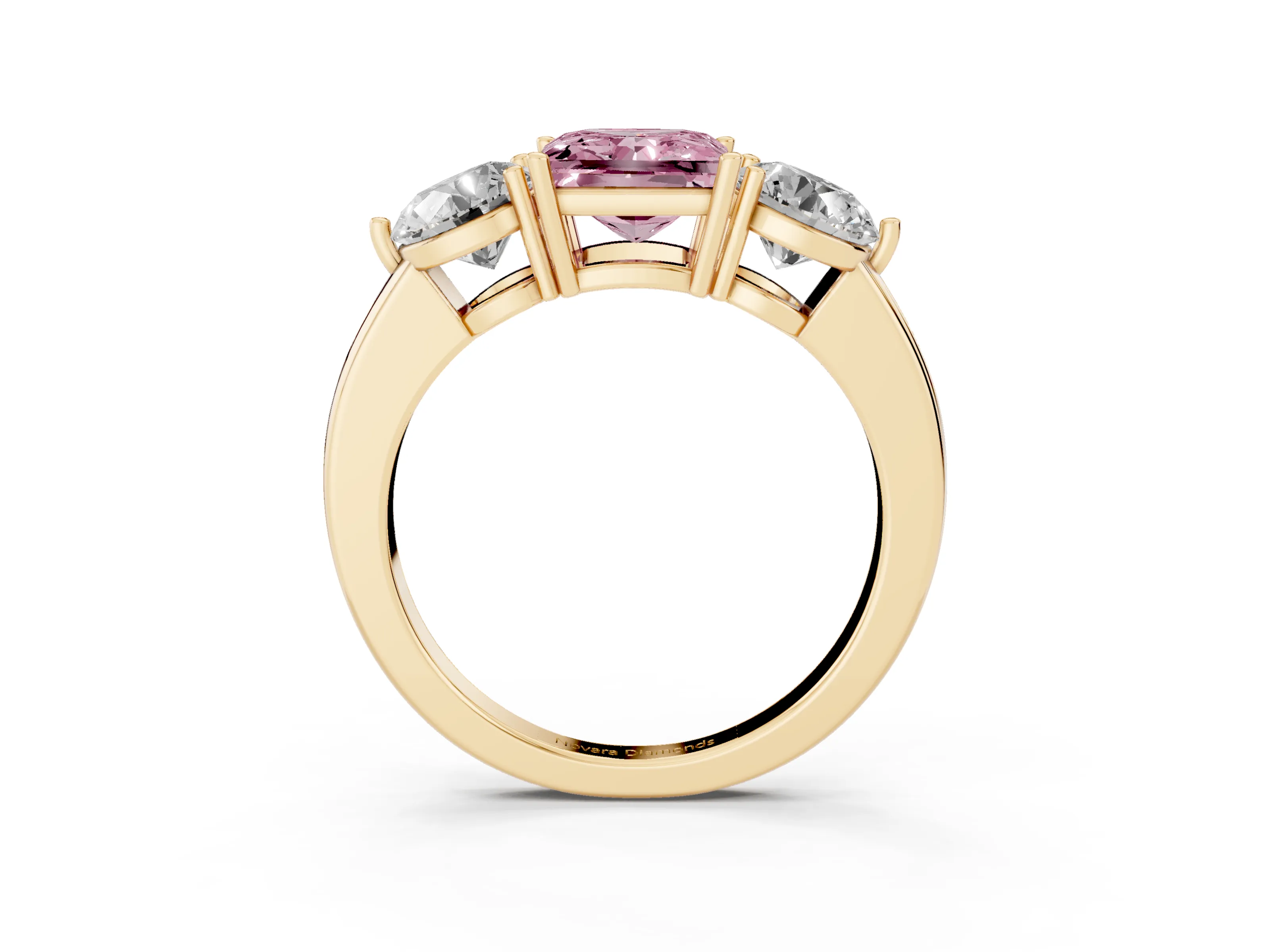 Fancy Pink Princess Cut Diamond Three-Stone Ring Set in Yellow gold with Prong Setting and Plain Band