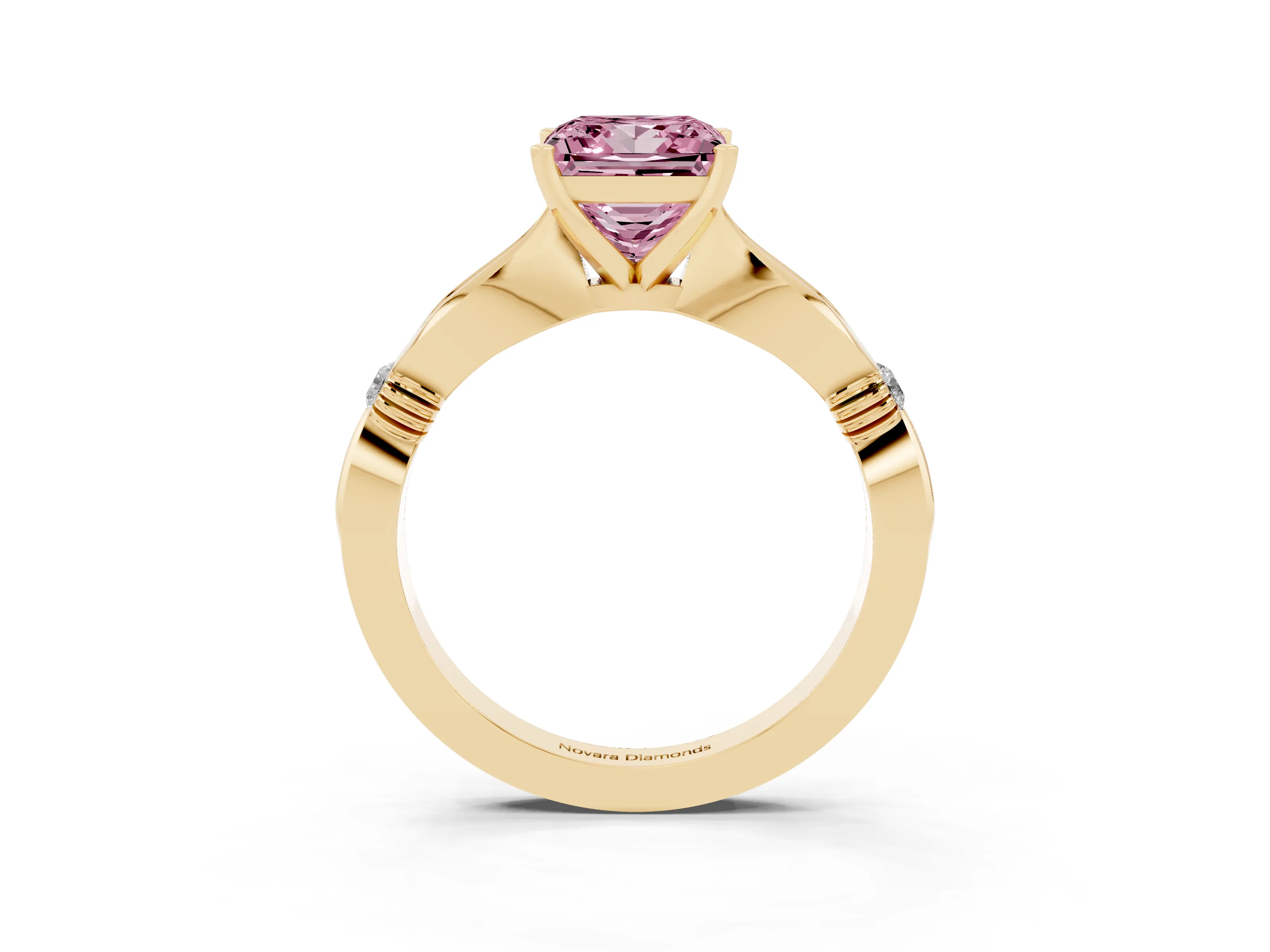Fancy Pink Princess Cut Diamond Solitaire Twisted Band Ring Set in Yellow gold with Accent Stones and Prong Setting