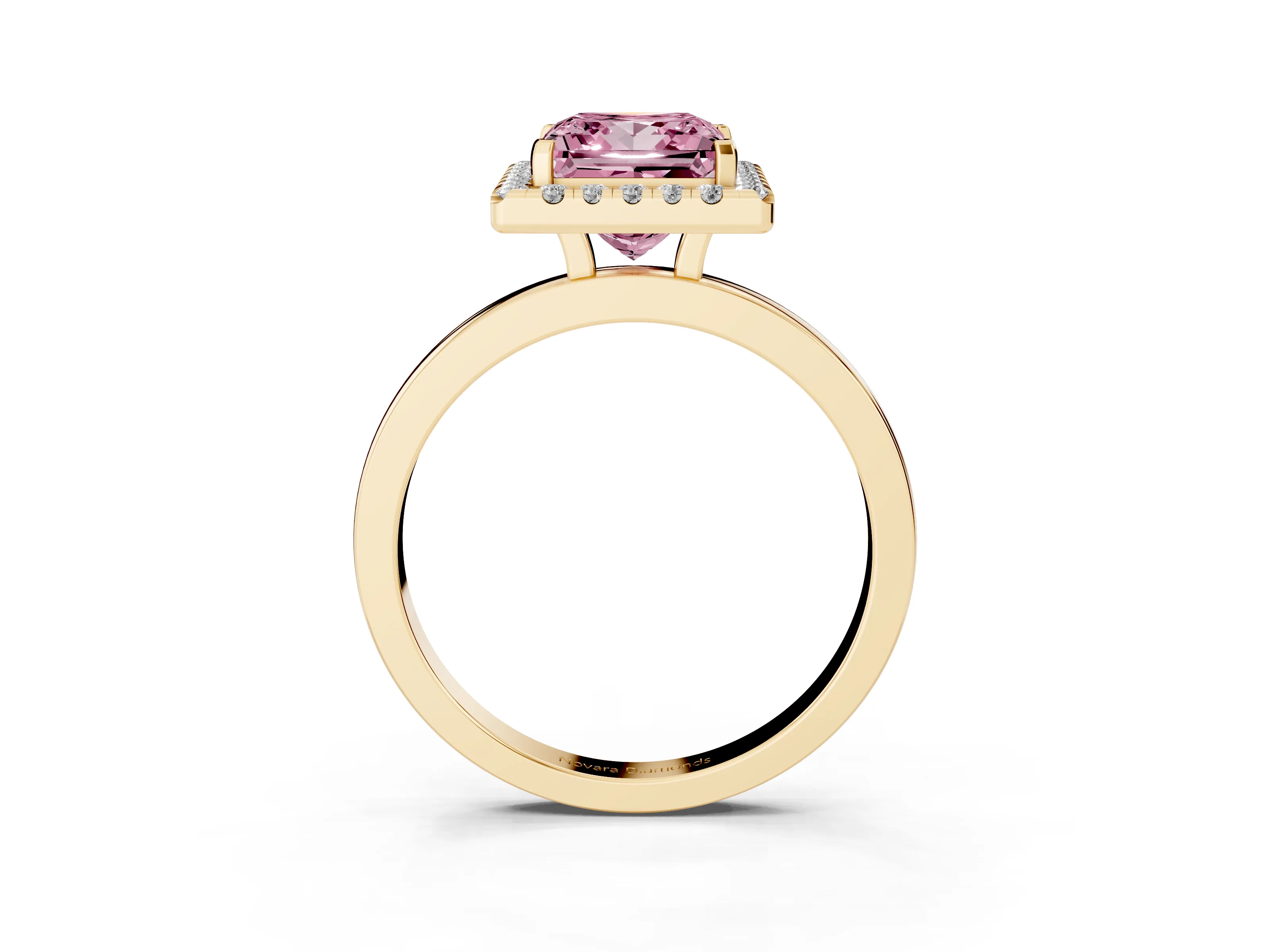 Fancy Pink Princess Cut Diamond Halo Solitaire Ring Set in Yellow gold with Pavé Band and Prong Setting
