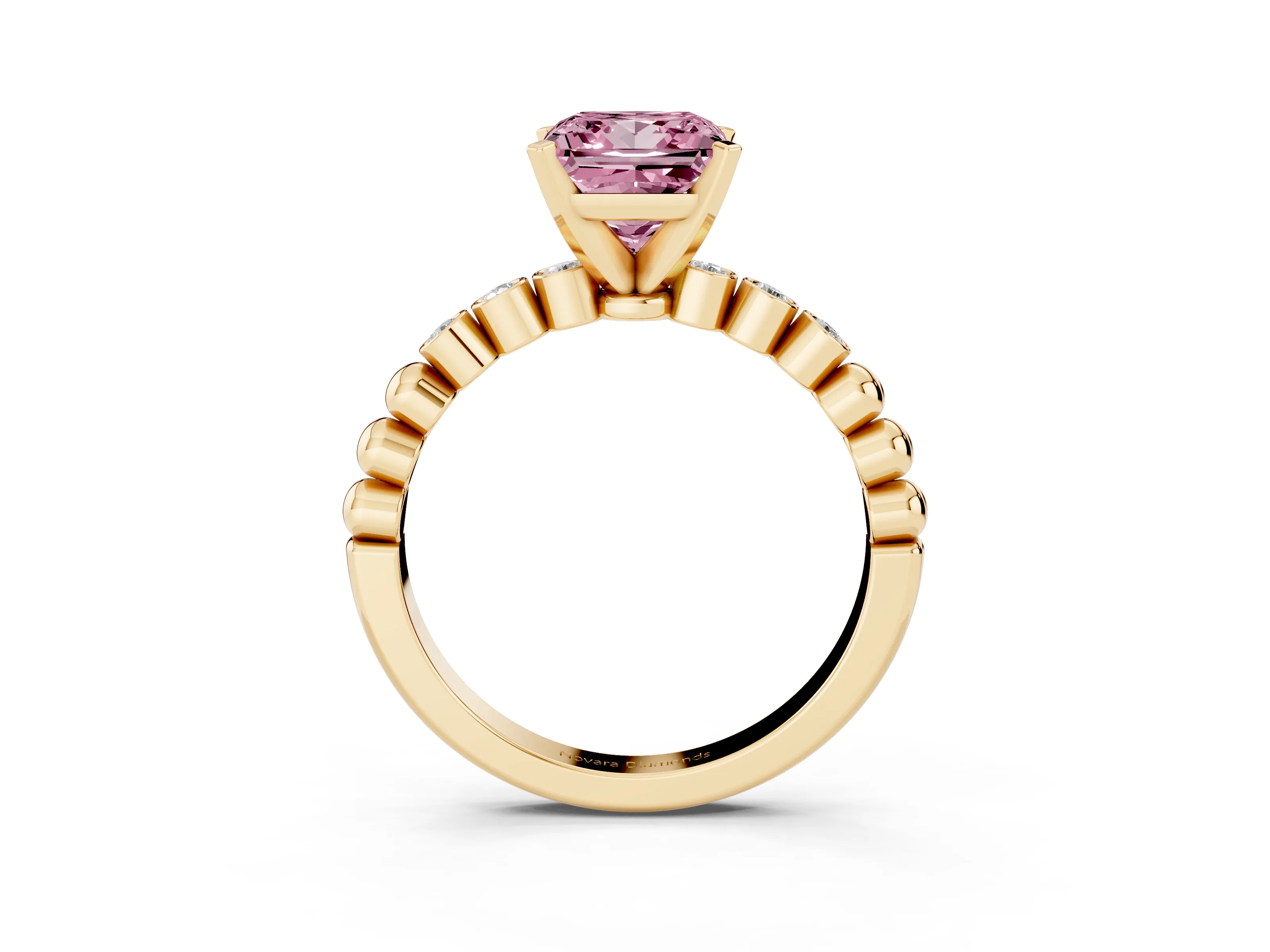 Fancy Pink Princess Cut Diamond Solitaire Engagement Ring Set in Yellow gold with Bezel Accents on Beaded Band