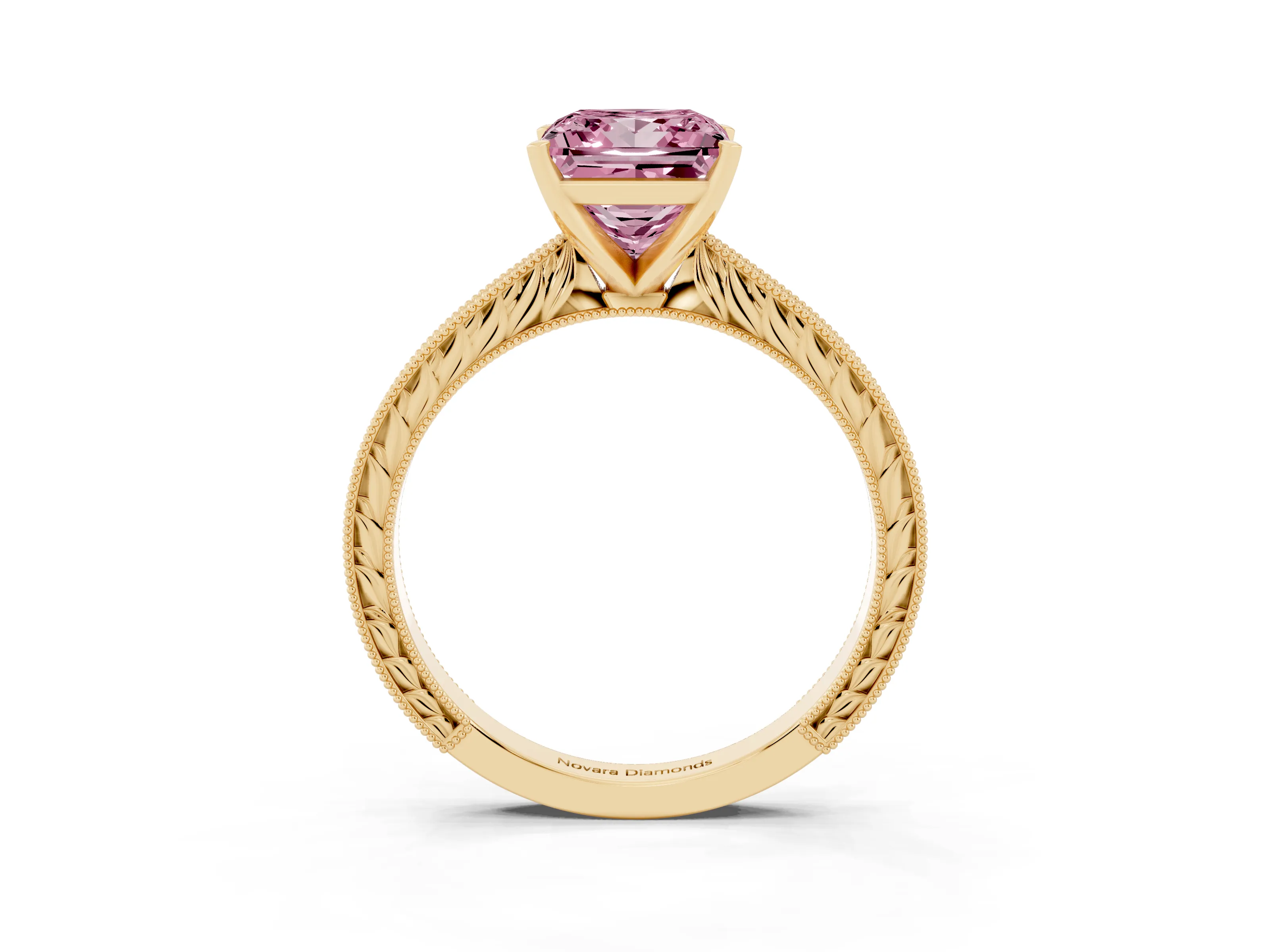 Fancy Pink Princess Cut Diamond Solitaire Milgrain Engraved Band Set in Yellow gold with Prong Setting