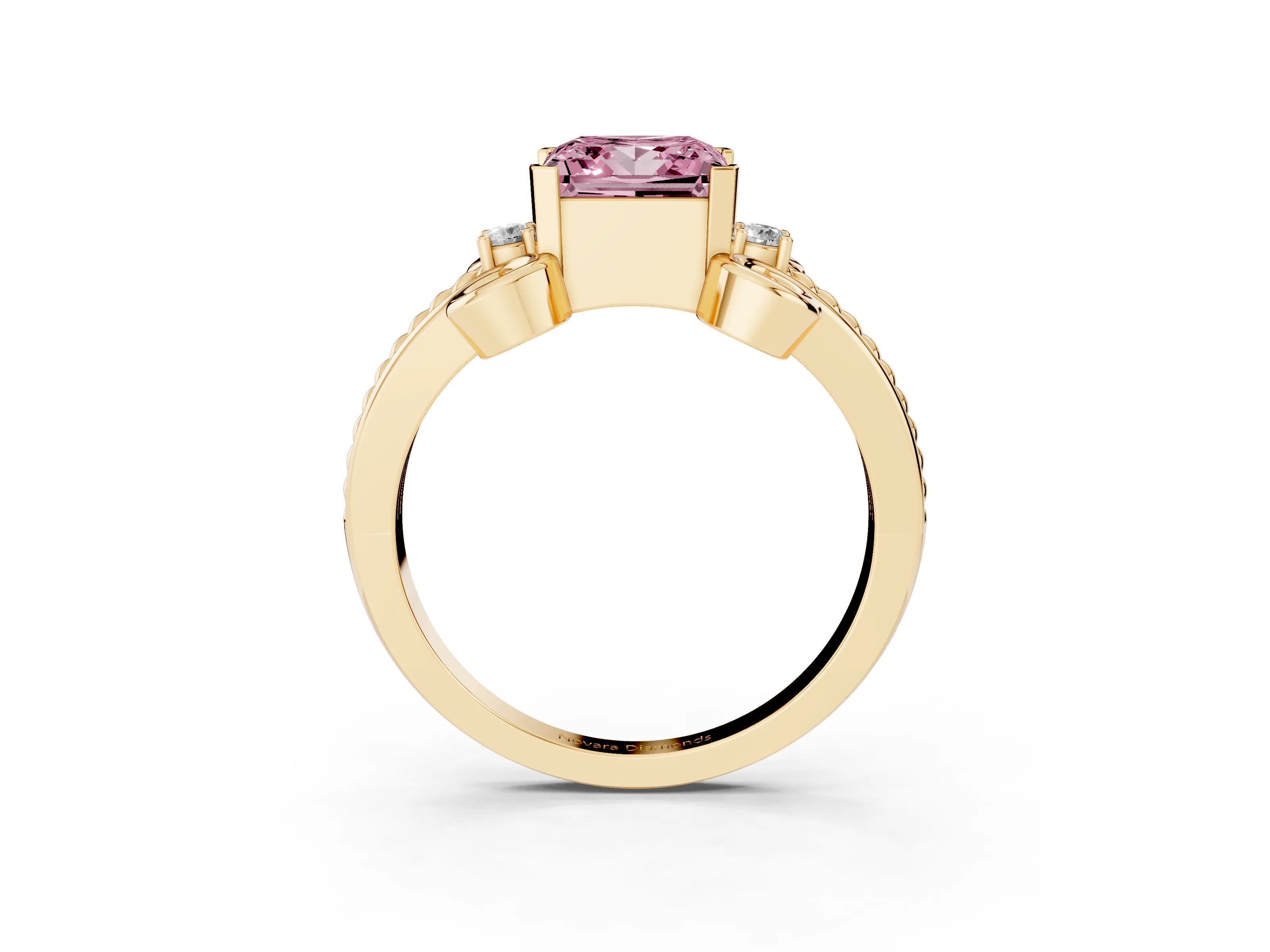Fancy Pink Princess Cut Diamond Twisted Band Solitaire Ring Set in Yellow gold with Scroll Prongs