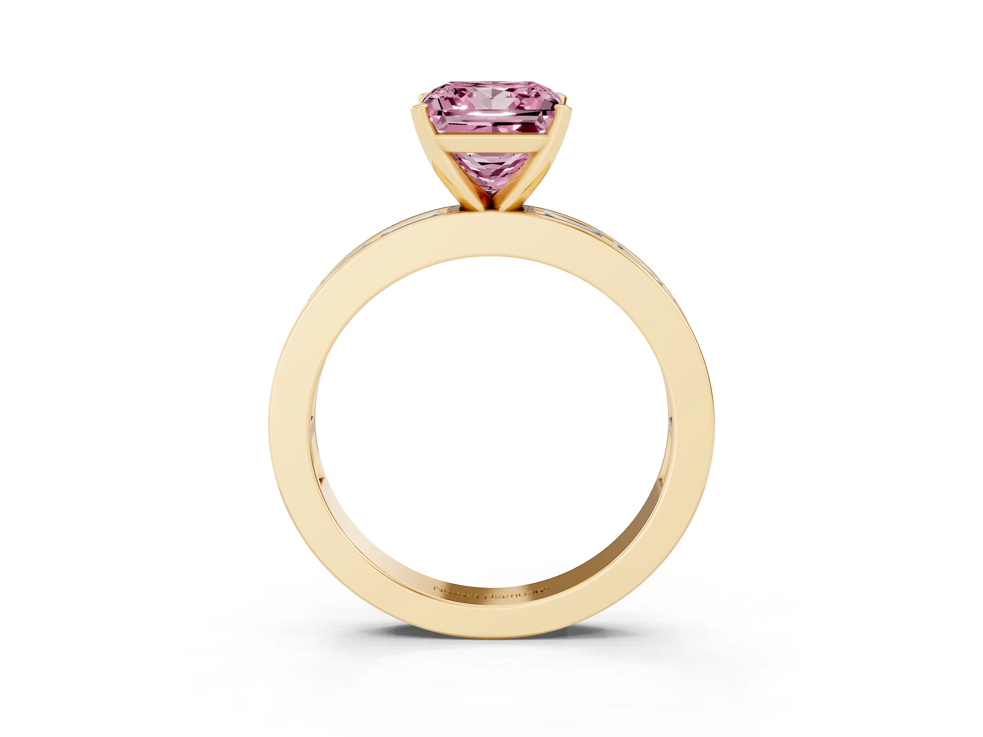 Fancy Pink Princess Cut Diamond Solitaire Ring Set in Yellow gold with Channel-Set Baguette Band and Prong Setting