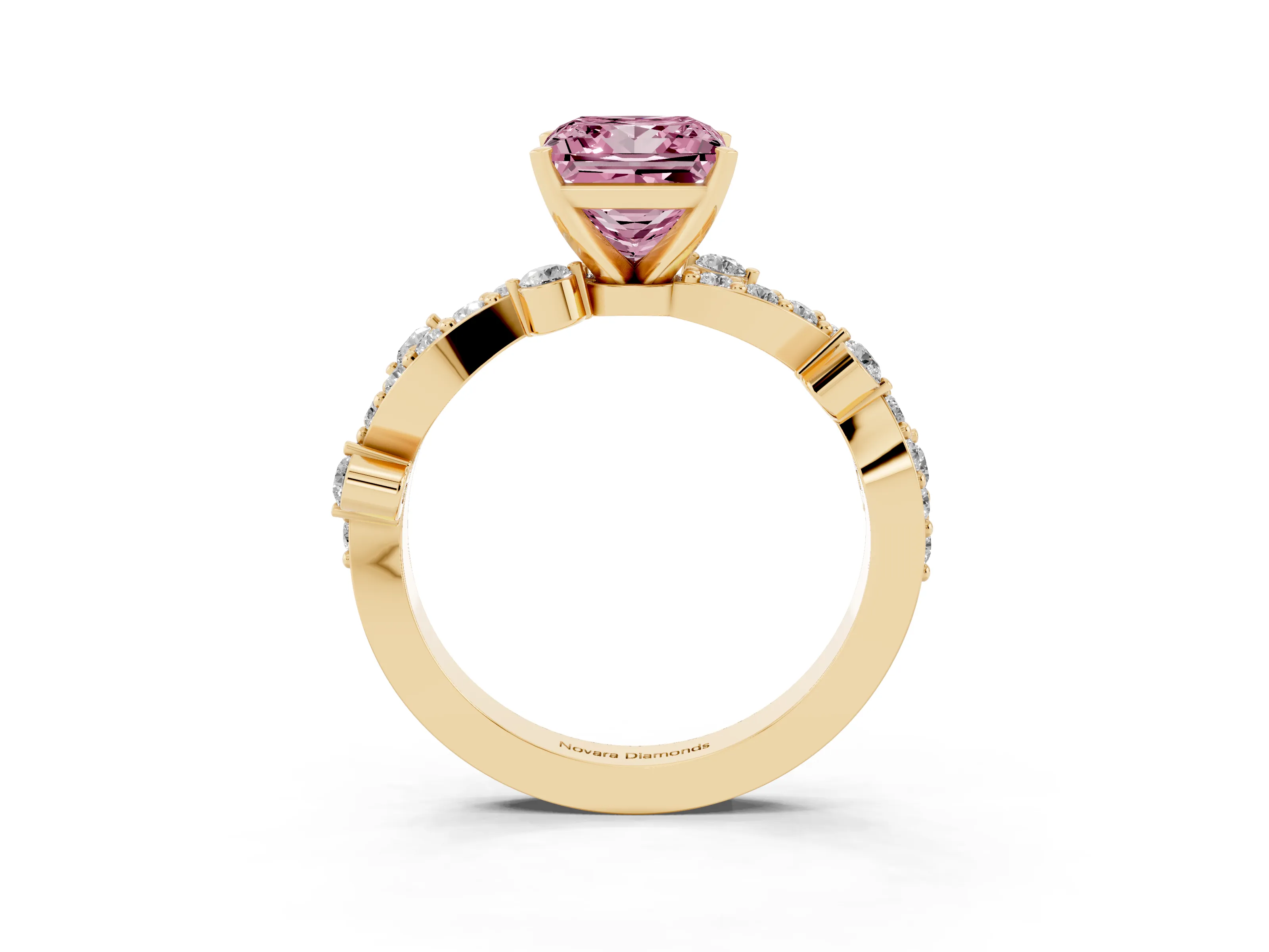 Fancy Pink Princess Cut Diamond Solitaire Twisted Band Set in Yellow gold with Pavé Setting