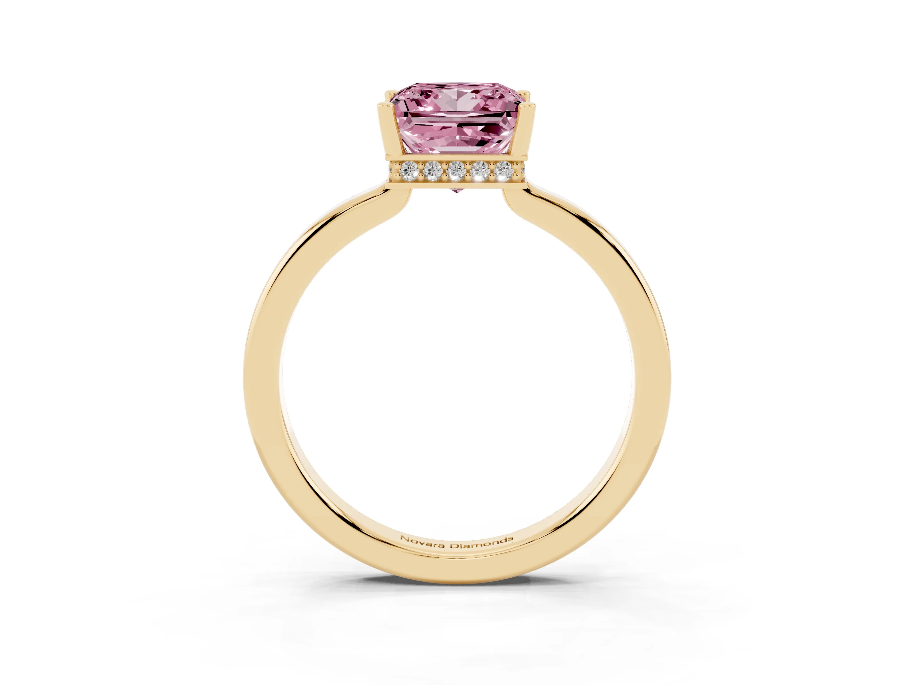 Fancy Pink Princess Cut Diamond Solitaire Engagement Ring Set in Yellow gold with Prong Setting on a Plain Band