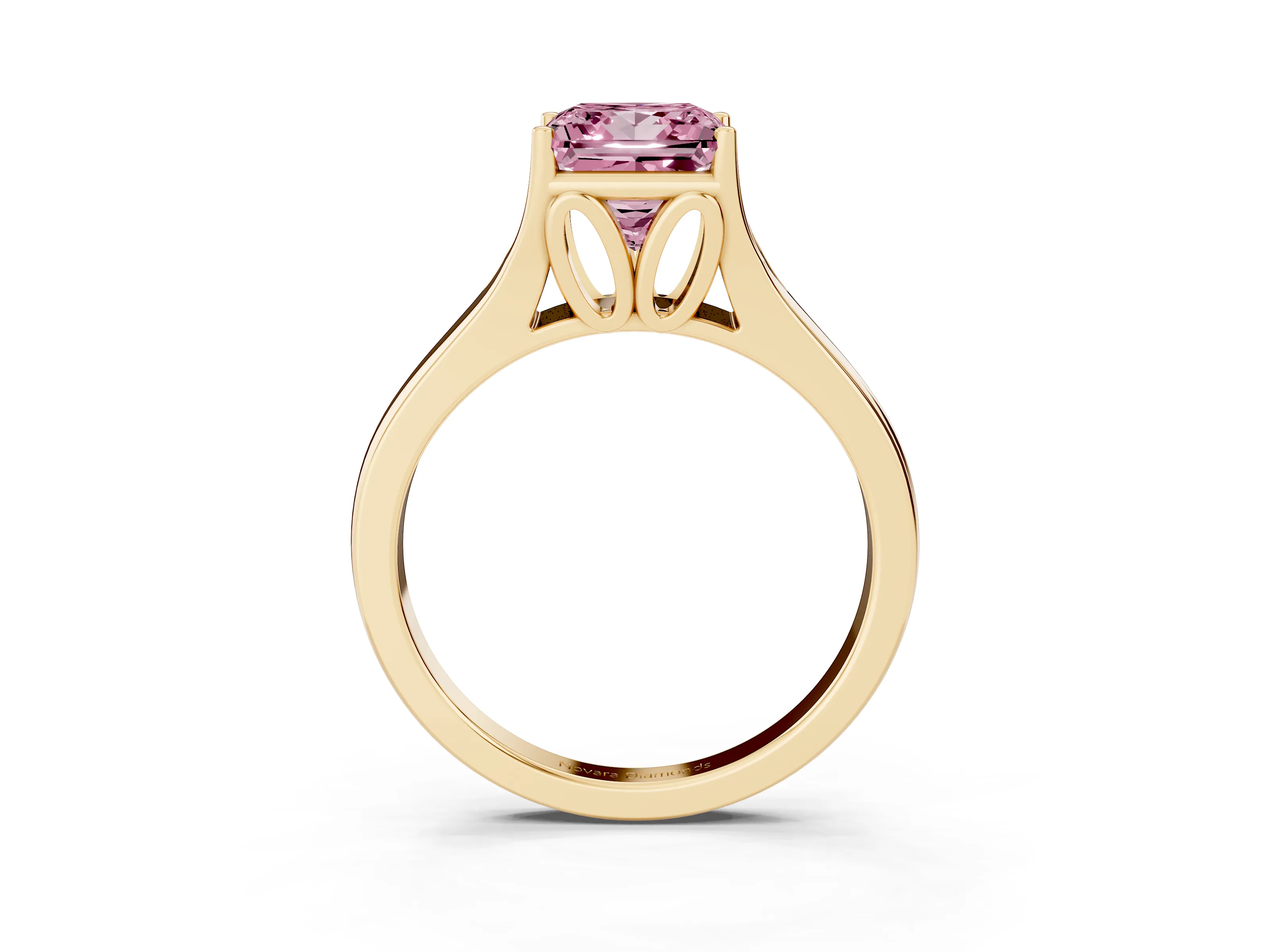 Fancy Pink Princess Cut Diamond Solitaire Ring Set in Yellow gold with Arched Cathedral Band and Prong Setting