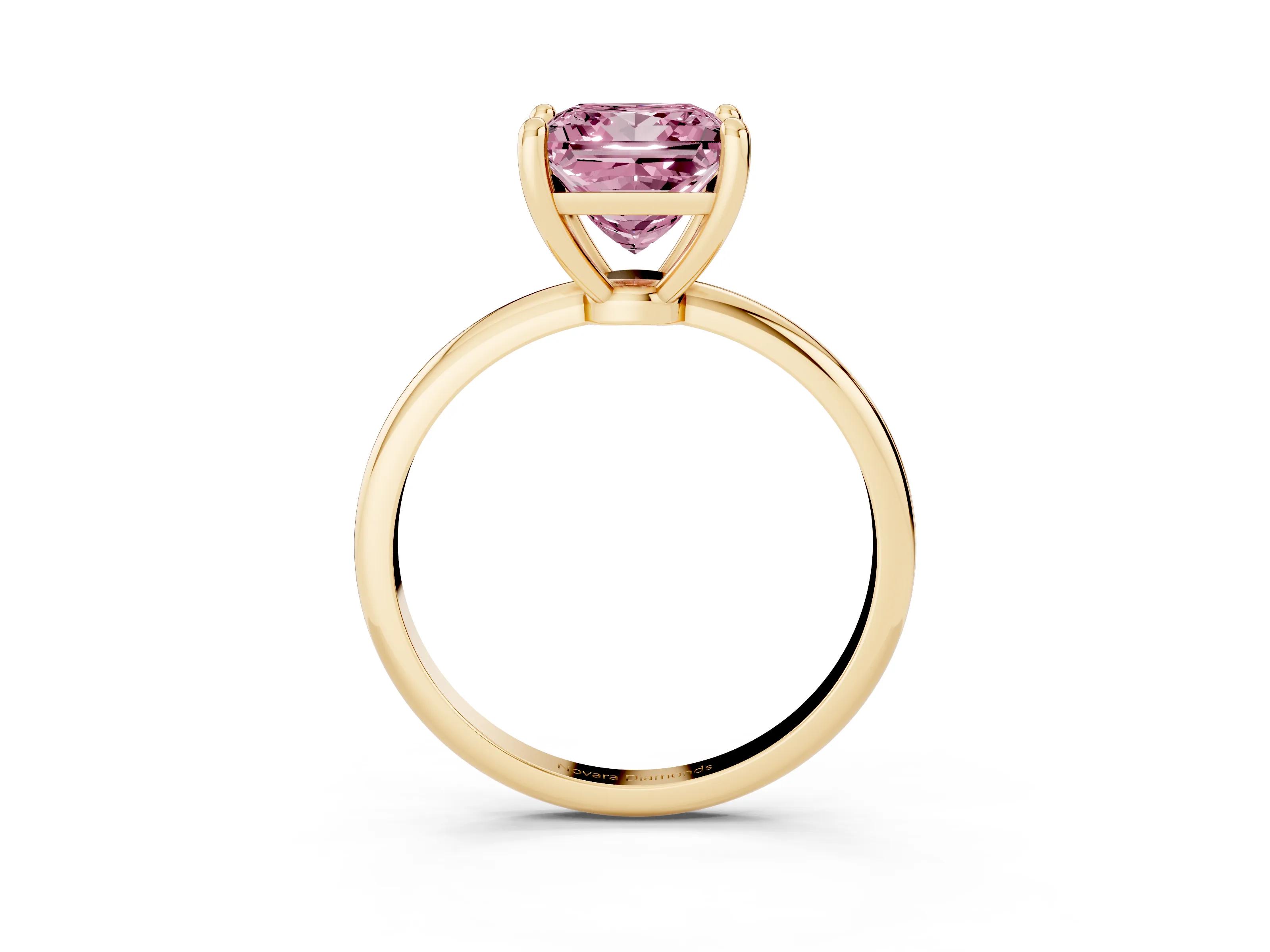Fancy Pink Princess Cut Diamond Solitaire Ring Set in Yellow gold with Secure Prong Setting on a Classic Band