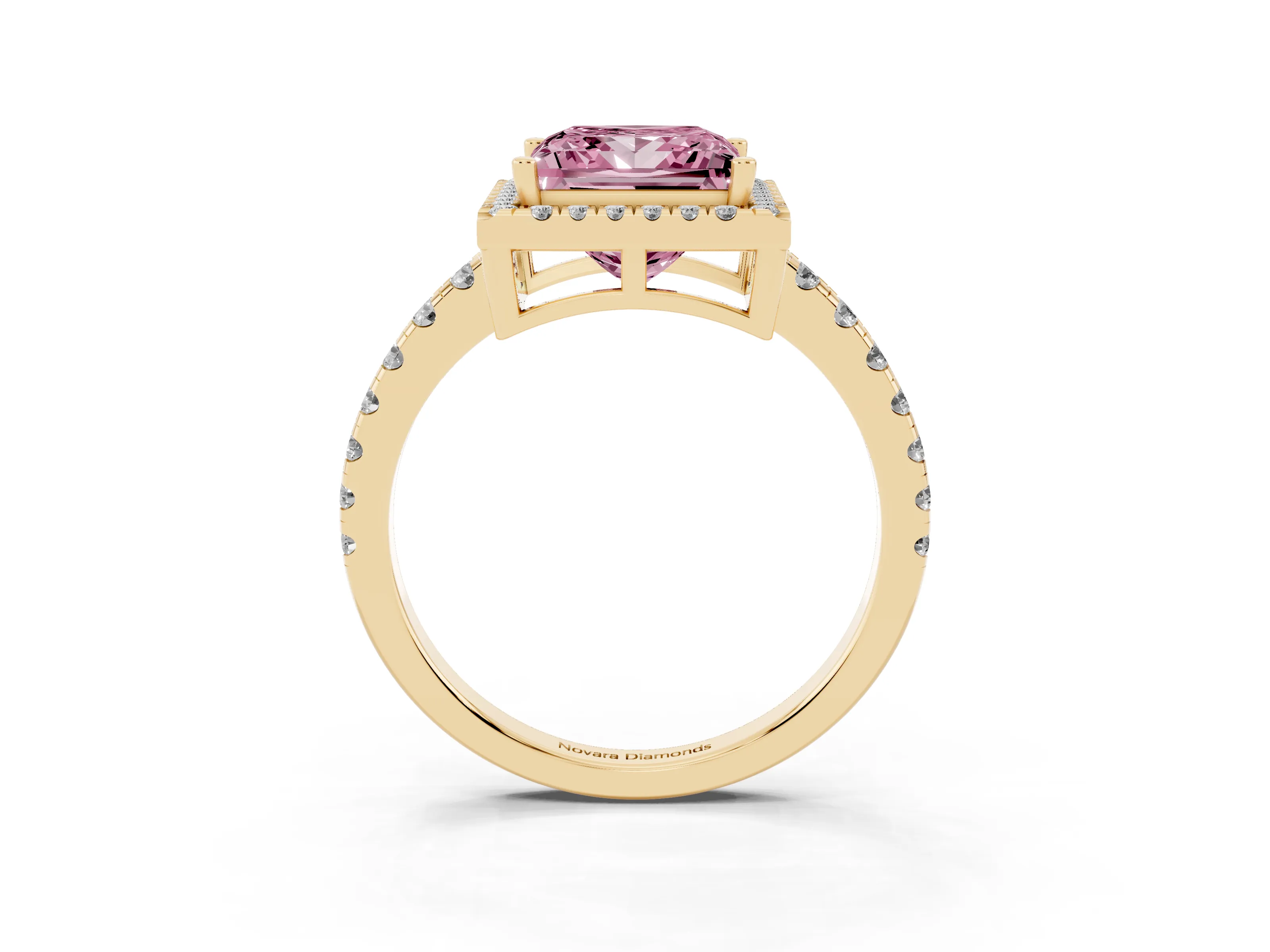 Fancy Pink Princess Cut Diamond Halo Ring Set in Yellow gold with Delicate Pavé Band and Prong Setting