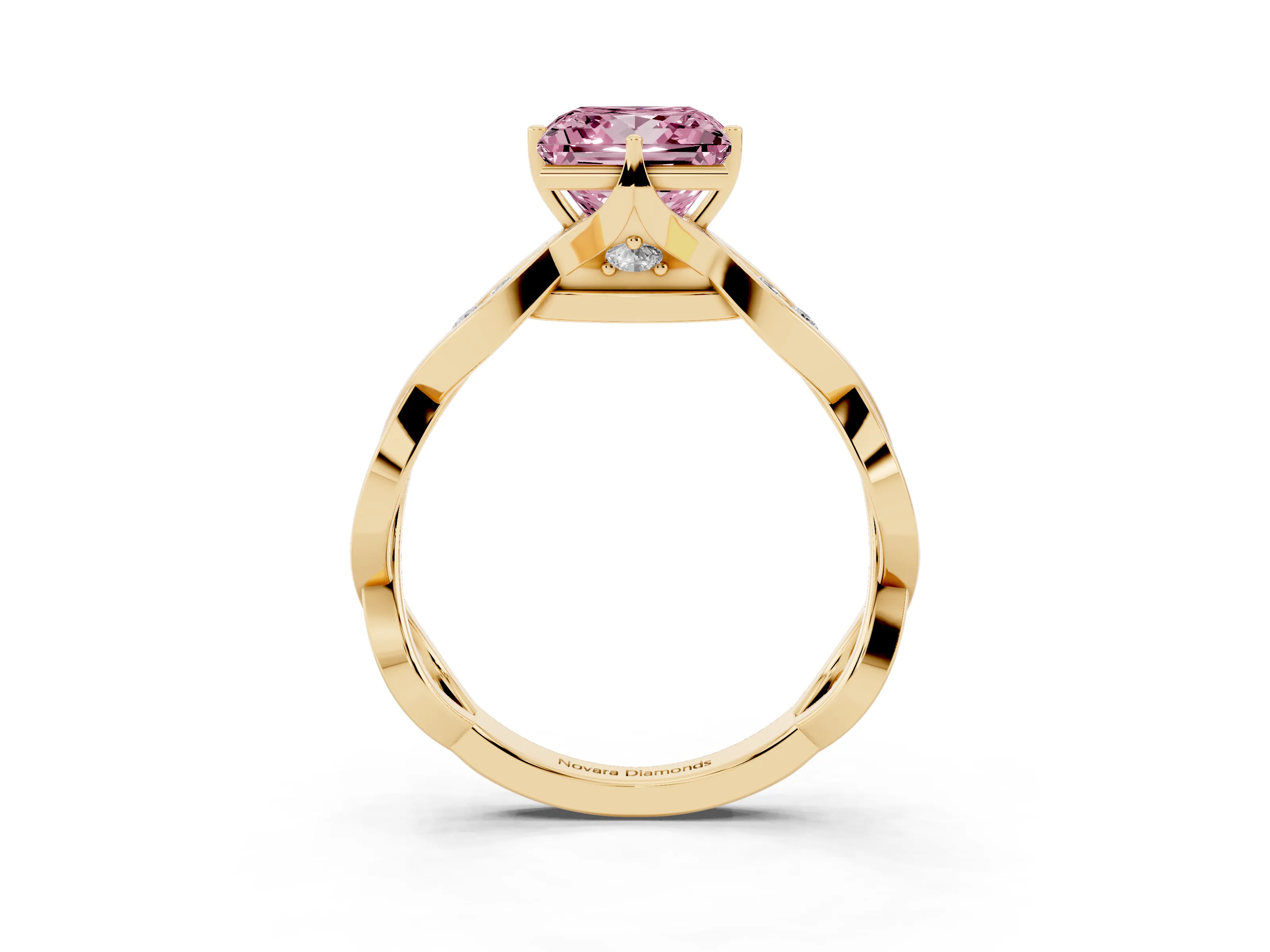 Fancy Pink Princess Cut Diamond Twist Band Solitaire Ring Set in Yellow gold with Leaf Prong Setting and Accent Stones